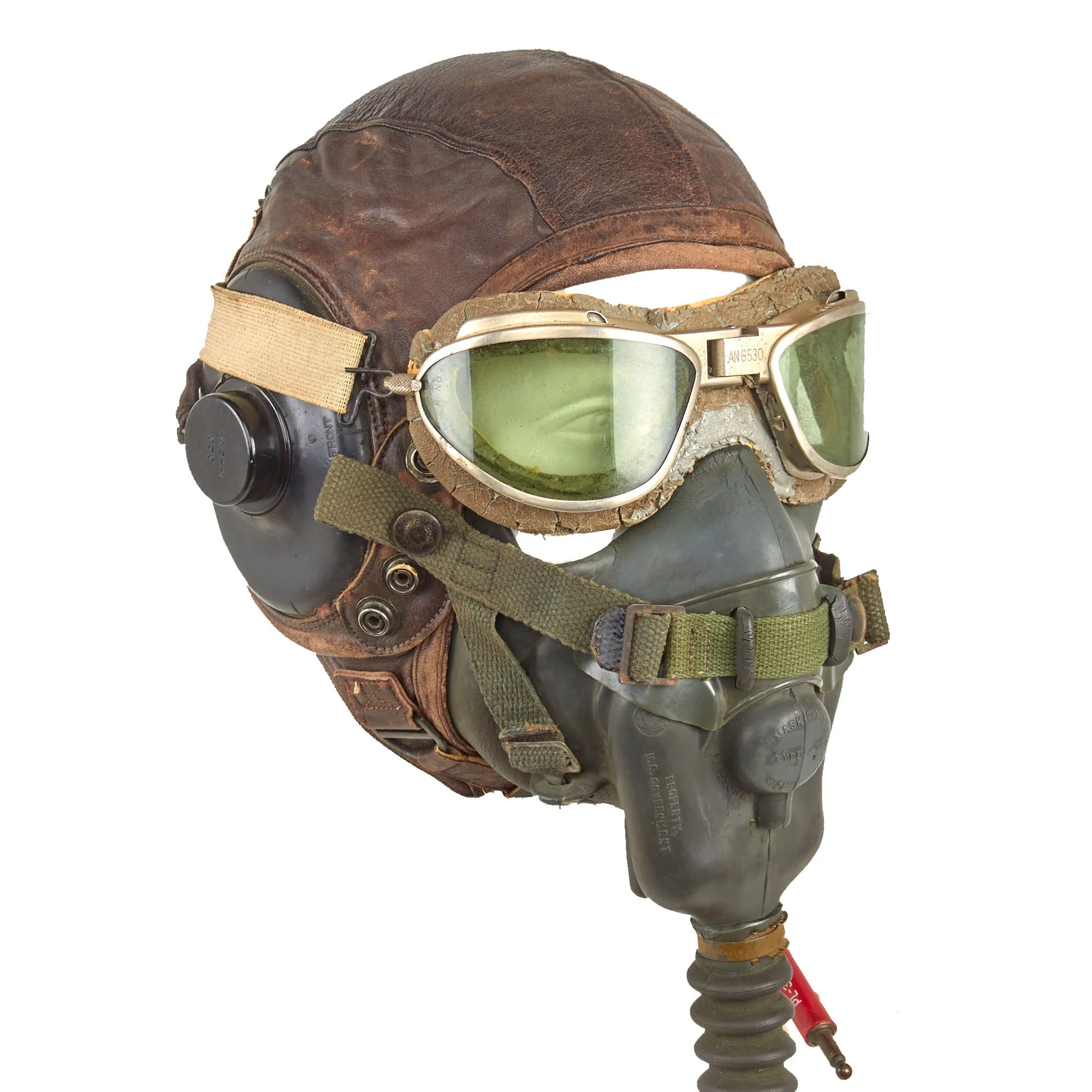 Original U.S. WWII USAAF Aviator Flight Helmet Set - AN6530 Goggles, A-11 Helmet, & Type A-13 Oxygen Mask