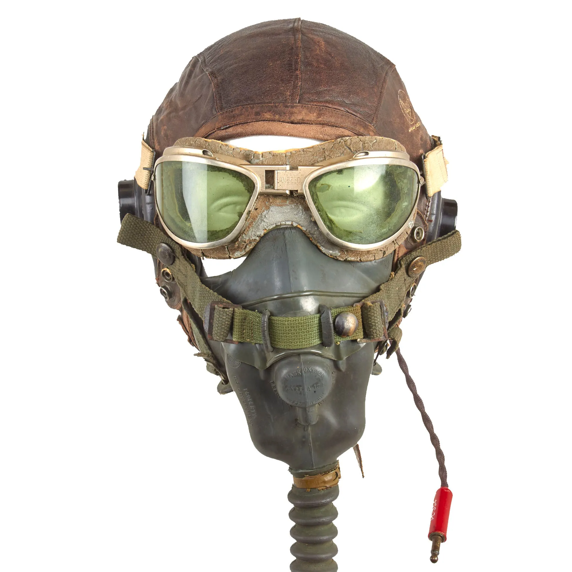 Original U.S. WWII USAAF Aviator Flight Helmet Set - AN6530 Goggles, A-11 Helmet, & Type A-13 Oxygen Mask