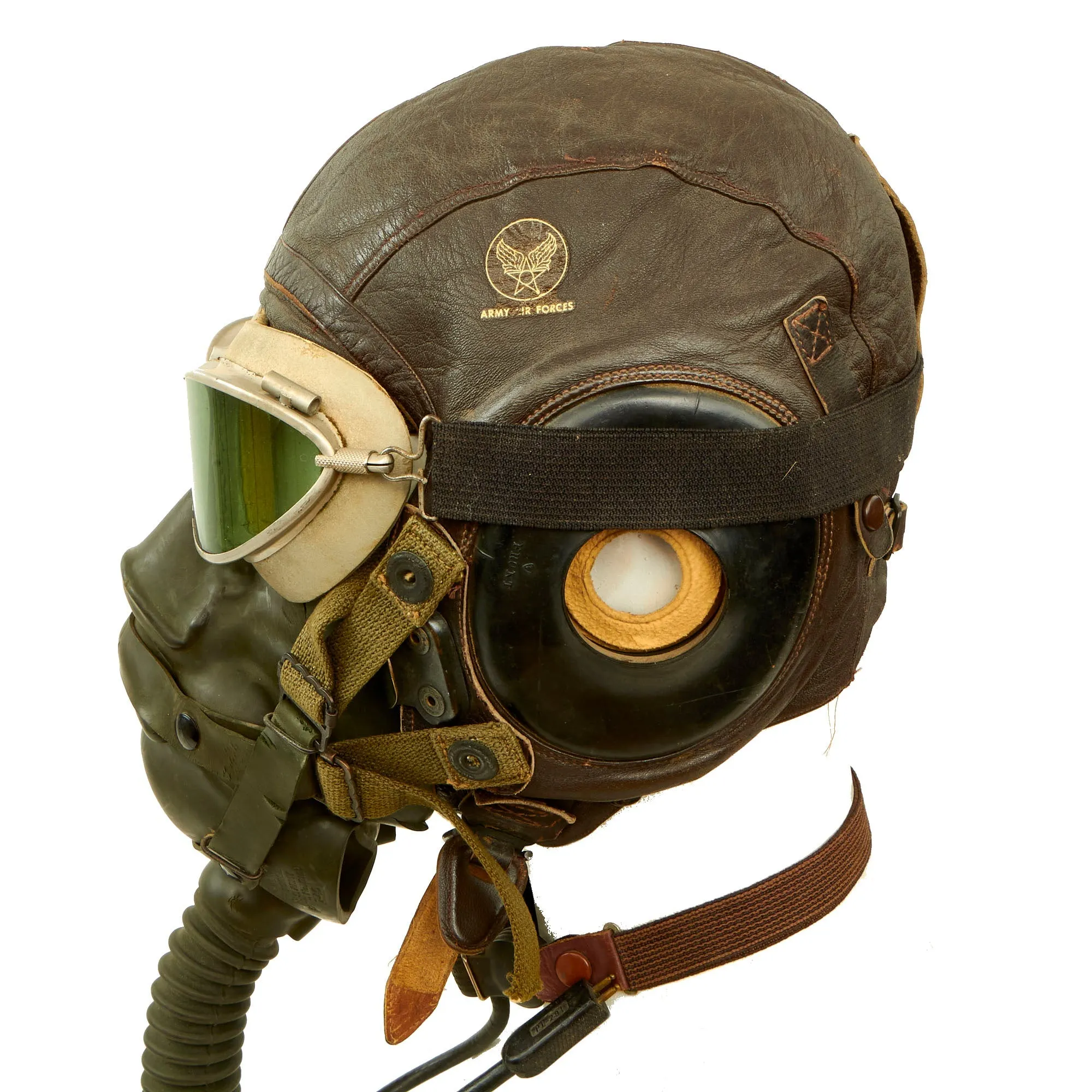 Original U.S. WWII USAAF Aviator Flight Helmet Set - AN6530 Goggles, A-11 Helmet, Throat Mic & Type A-14 Oxygen Mask - 4 Items