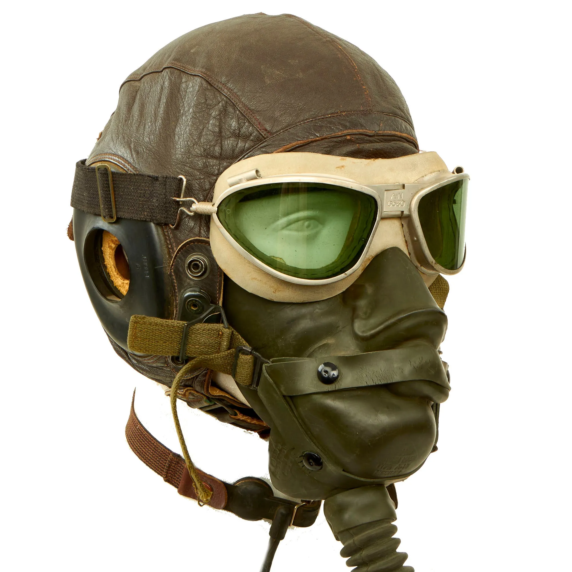 Original U.S. WWII USAAF Aviator Flight Helmet Set - AN6530 Goggles, A-11 Helmet, Throat Mic & Type A-14 Oxygen Mask - 4 Items