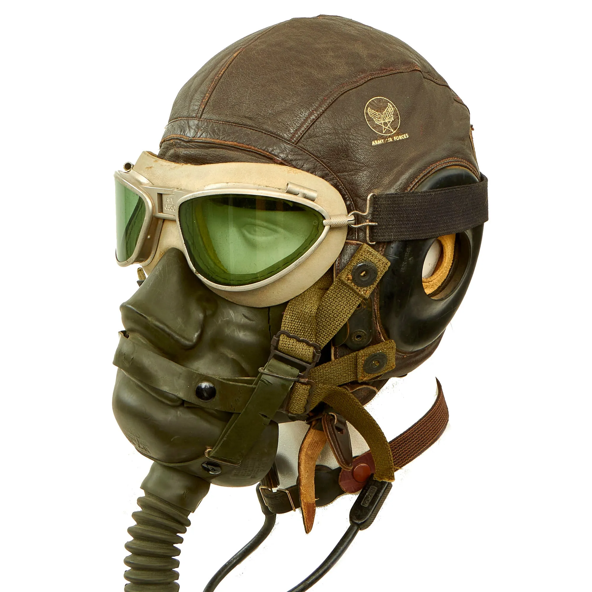 Original U.S. WWII USAAF Aviator Flight Helmet Set - AN6530 Goggles, A-11 Helmet, Throat Mic & Type A-14 Oxygen Mask - 4 Items