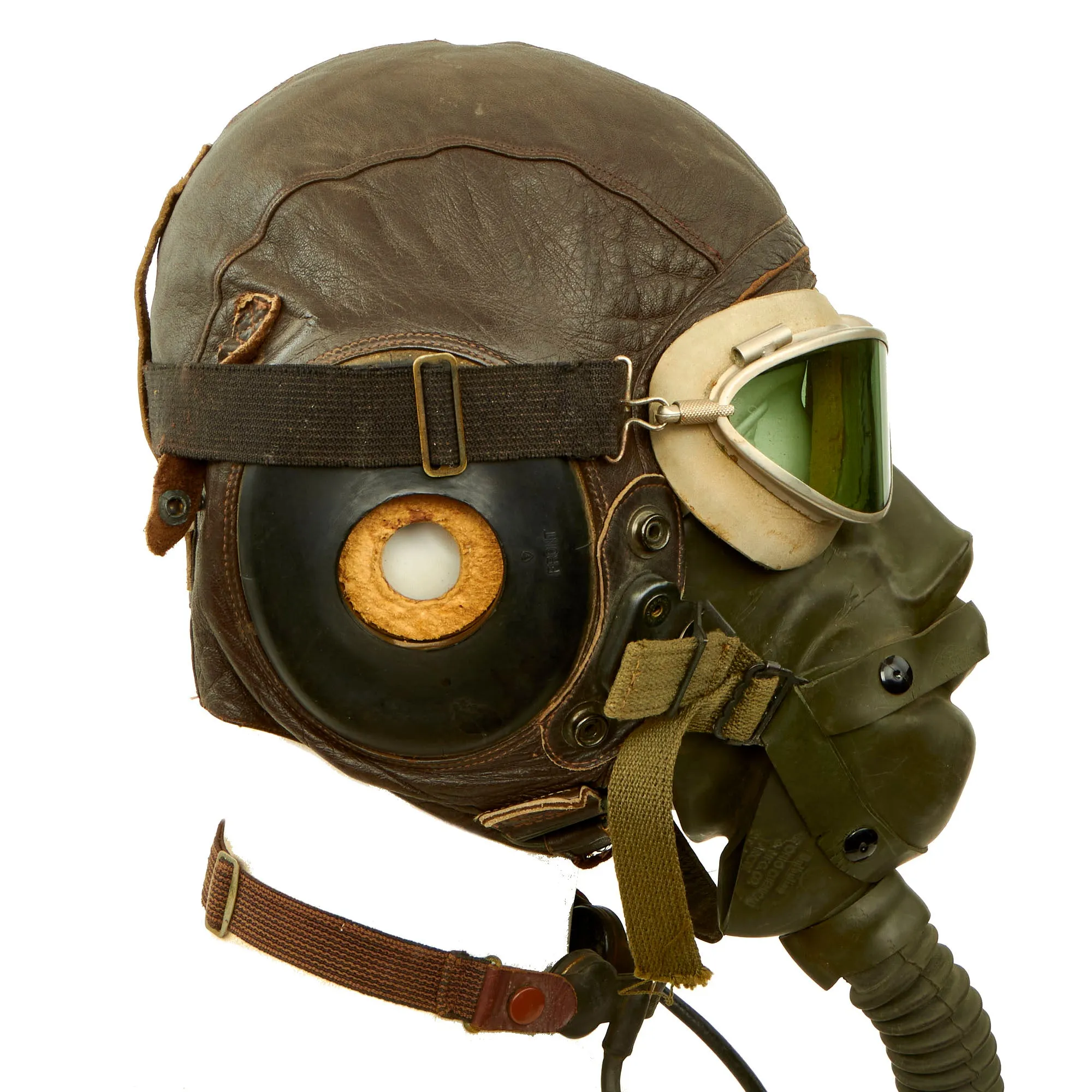 Original U.S. WWII USAAF Aviator Flight Helmet Set - AN6530 Goggles, A-11 Helmet, Throat Mic & Type A-14 Oxygen Mask - 4 Items