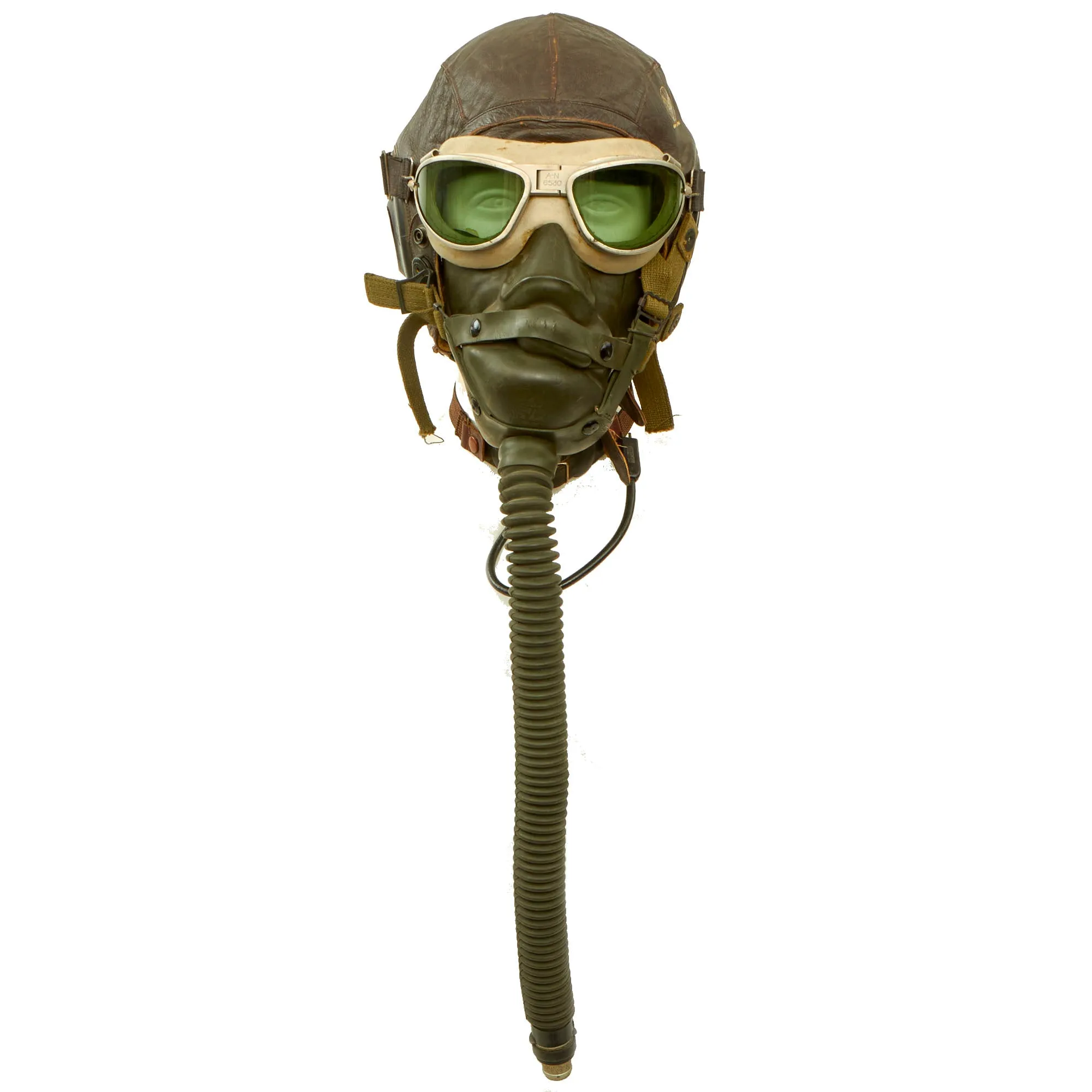 Original U.S. WWII USAAF Aviator Flight Helmet Set - AN6530 Goggles, A-11 Helmet, Throat Mic & Type A-14 Oxygen Mask - 4 Items