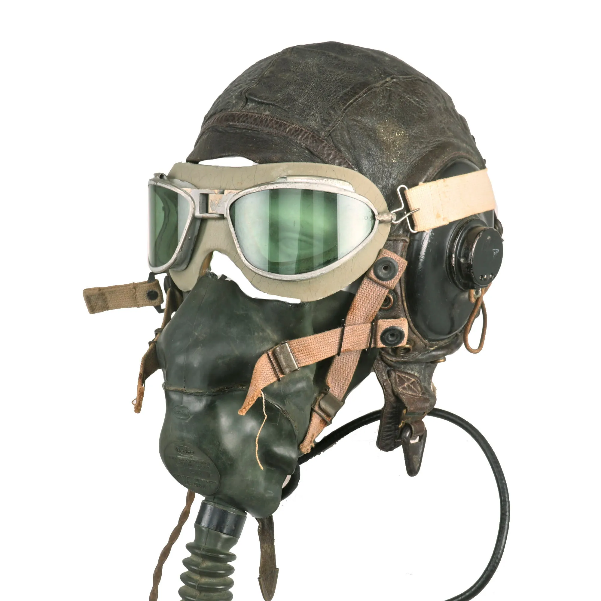 Original U.S. WWII USAAF Aviator Flight Helmet Set - AN6530 Goggles, Extra Large A-11 Helmet, & Type A-10A Oxygen Mask