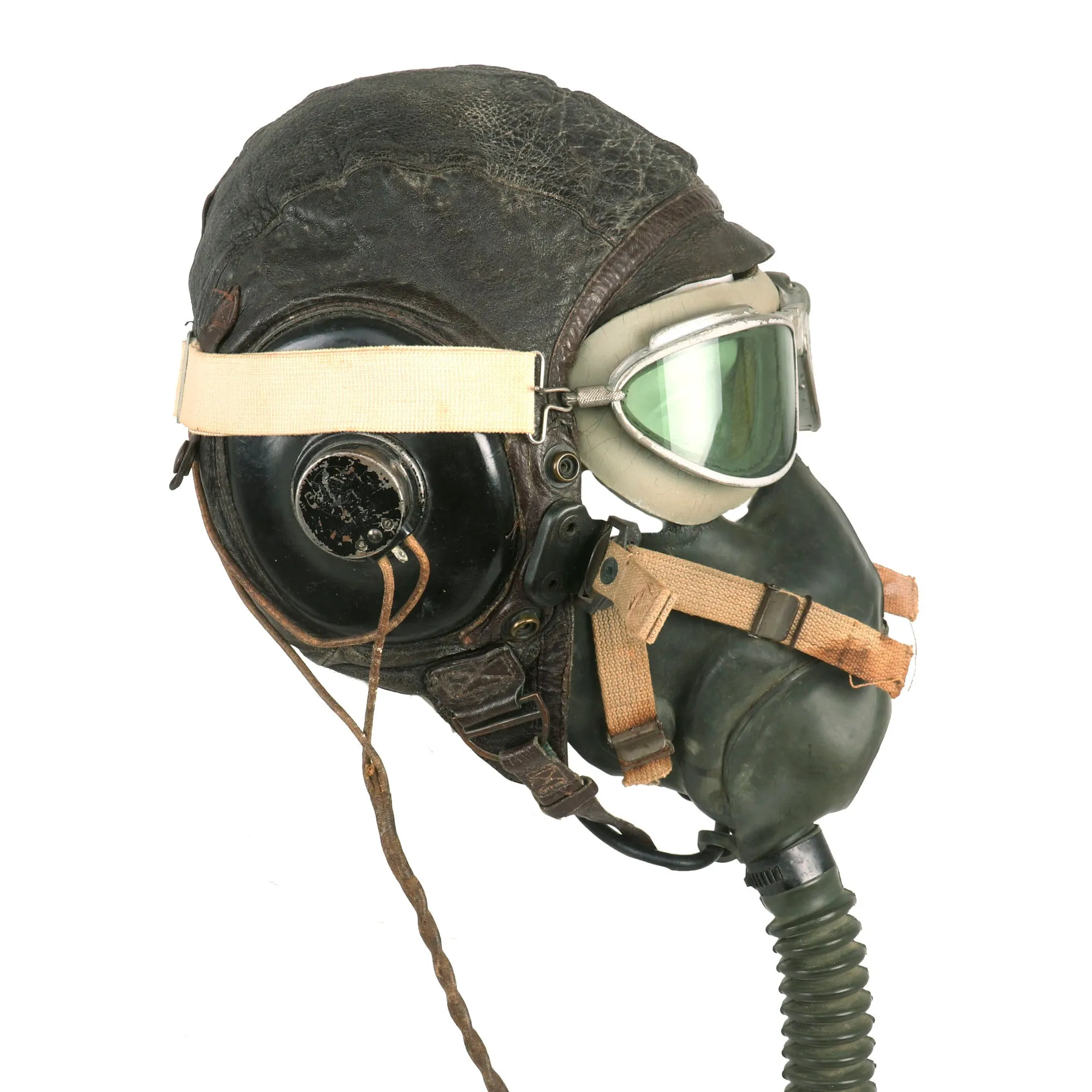 Original U.S. WWII USAAF Aviator Flight Helmet Set - AN6530 Goggles, Extra Large A-11 Helmet, & Type A-10A Oxygen Mask