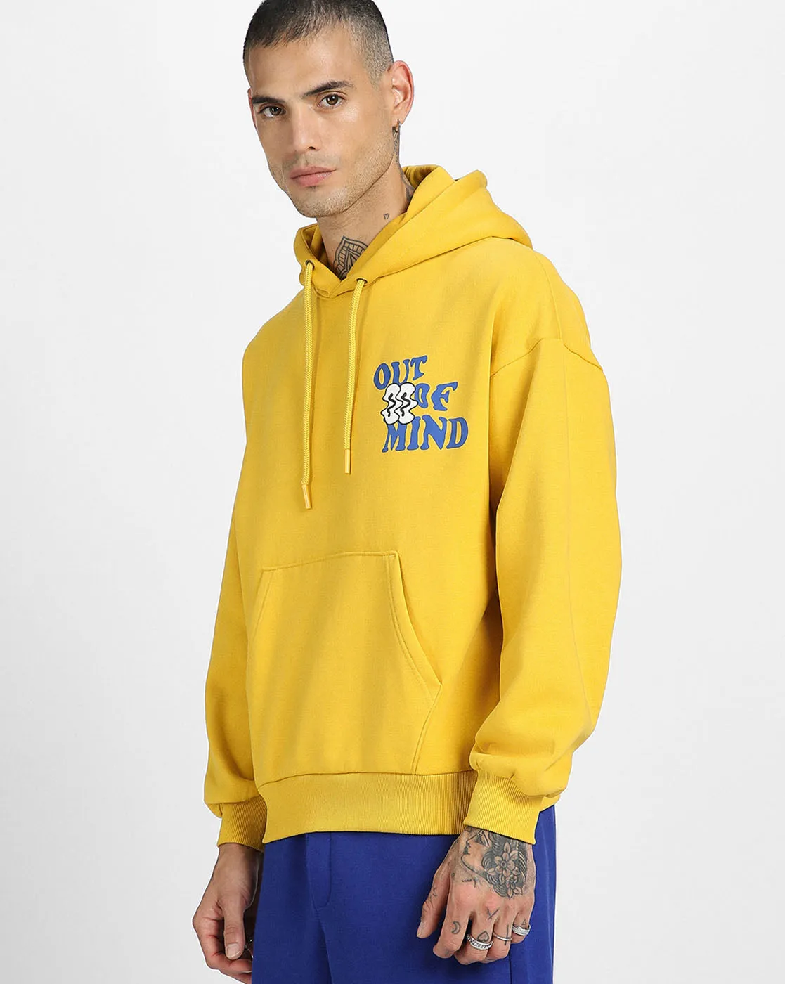 Out of Mind Mustard Oversized Pocket Typographic Printed  Hoodie