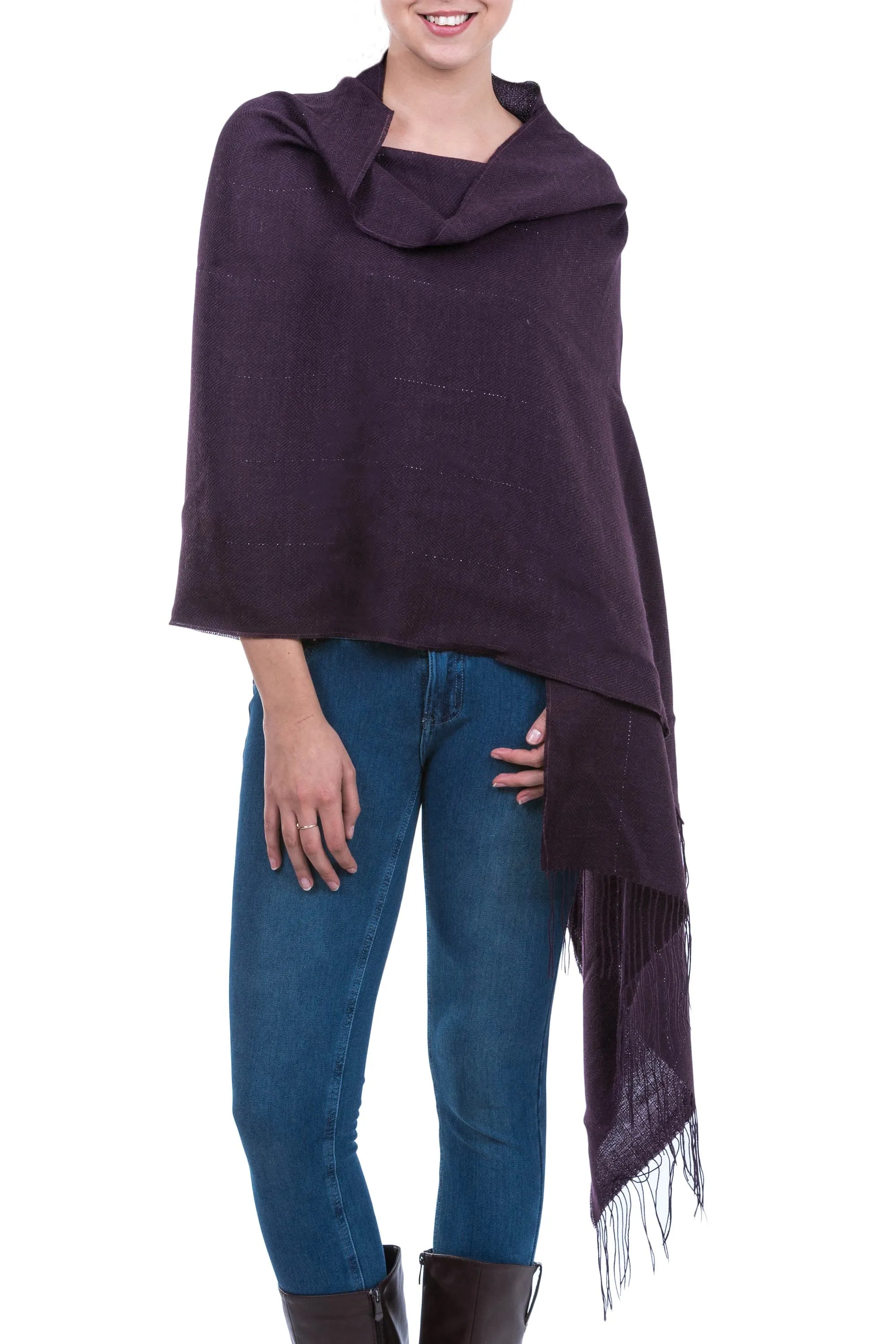 Peru Handwoven Purple Alpaca Blend Shawl with Pima Cotton - Purple Sparkle | NOVICA