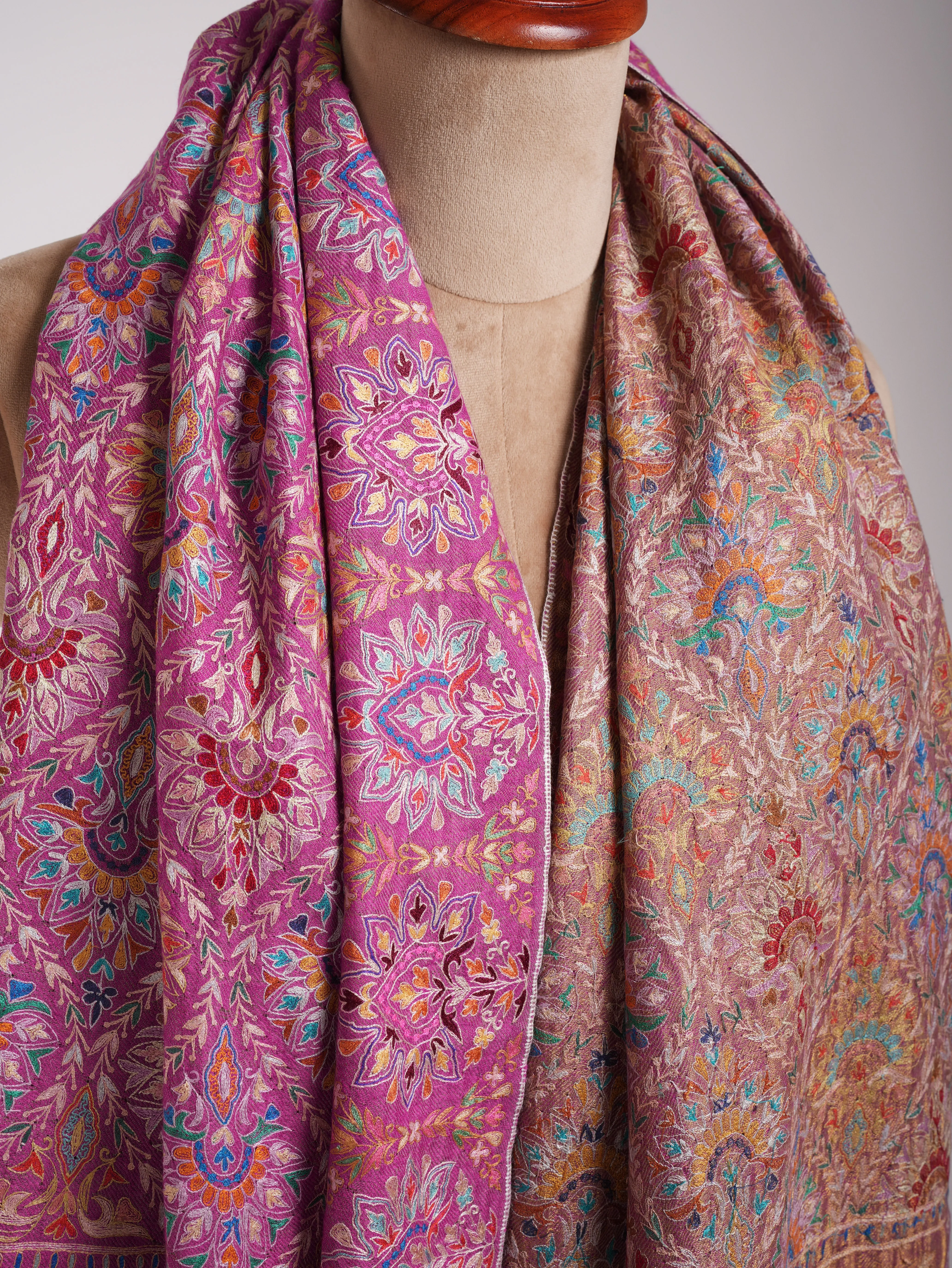 Pink and Gold Fusion Dorukha Hand Embroidered Pashmina Shawl