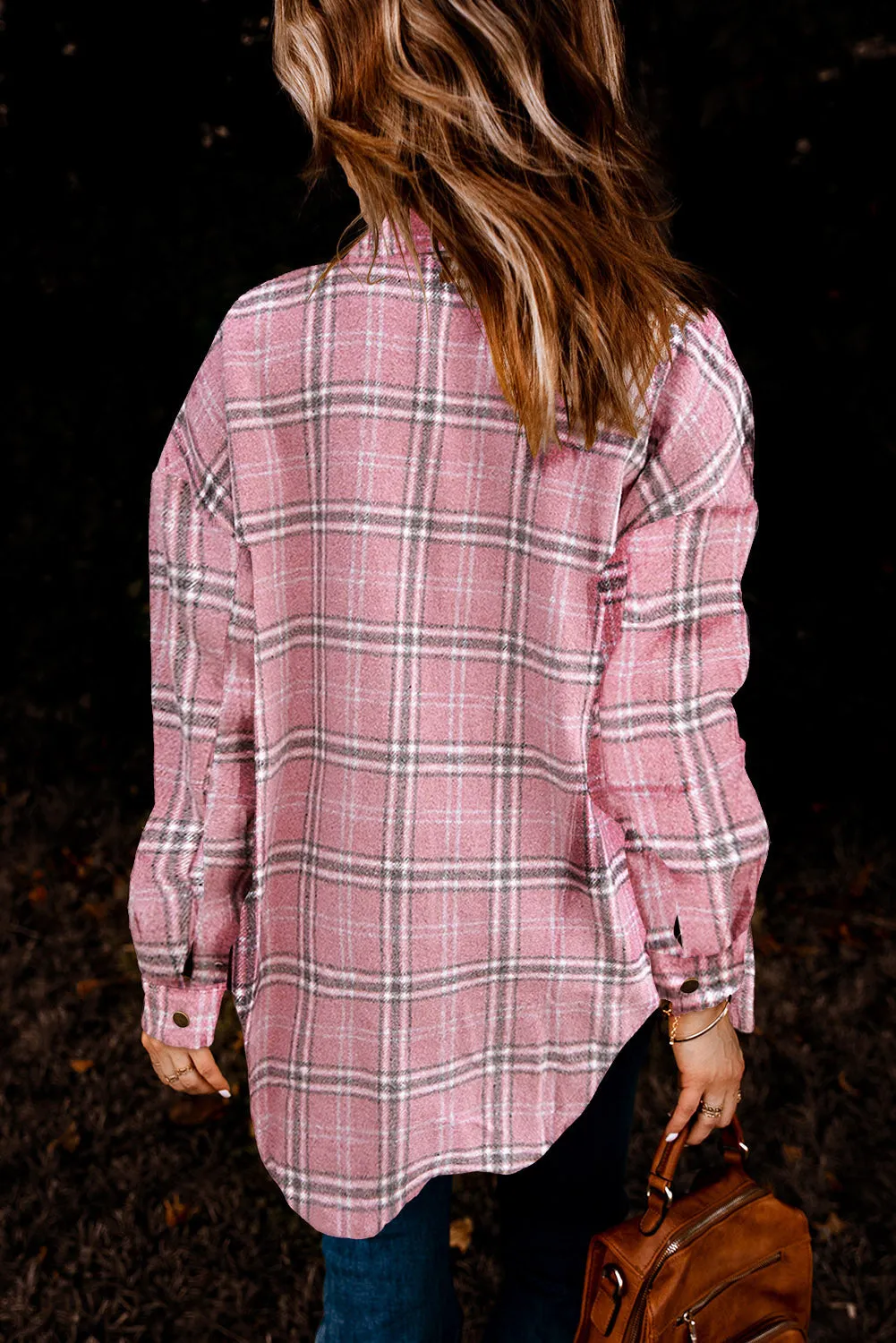 Pink Plaid Casual Button Up Shirt Shacket with Slits