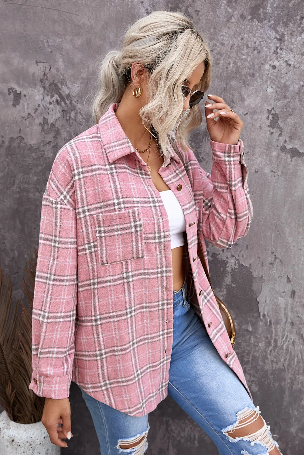 Pink Plaid Casual Button Up Shirt Shacket with Slits