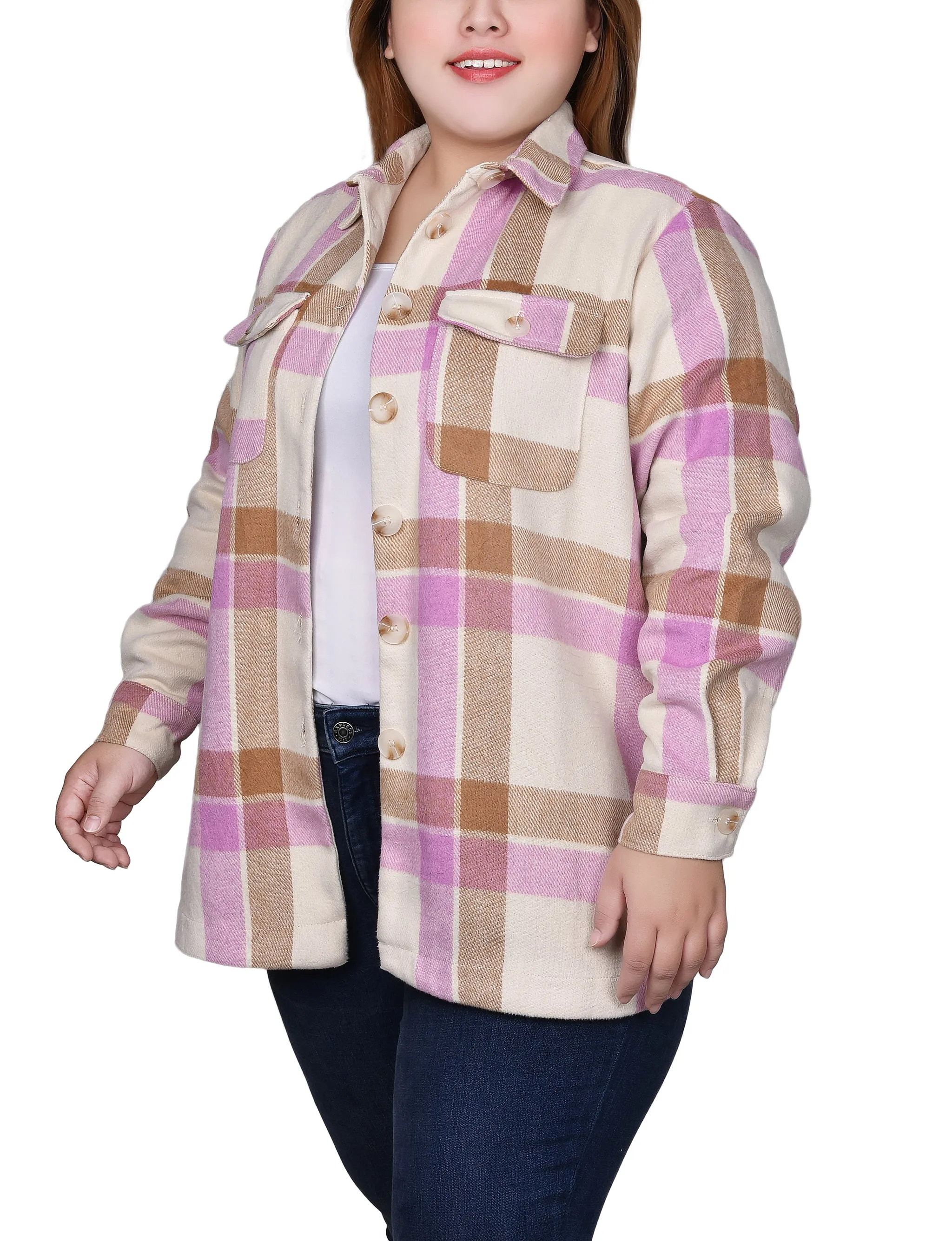 Plus Size Long Sleeve Calf-Length Twill Shirtjacket