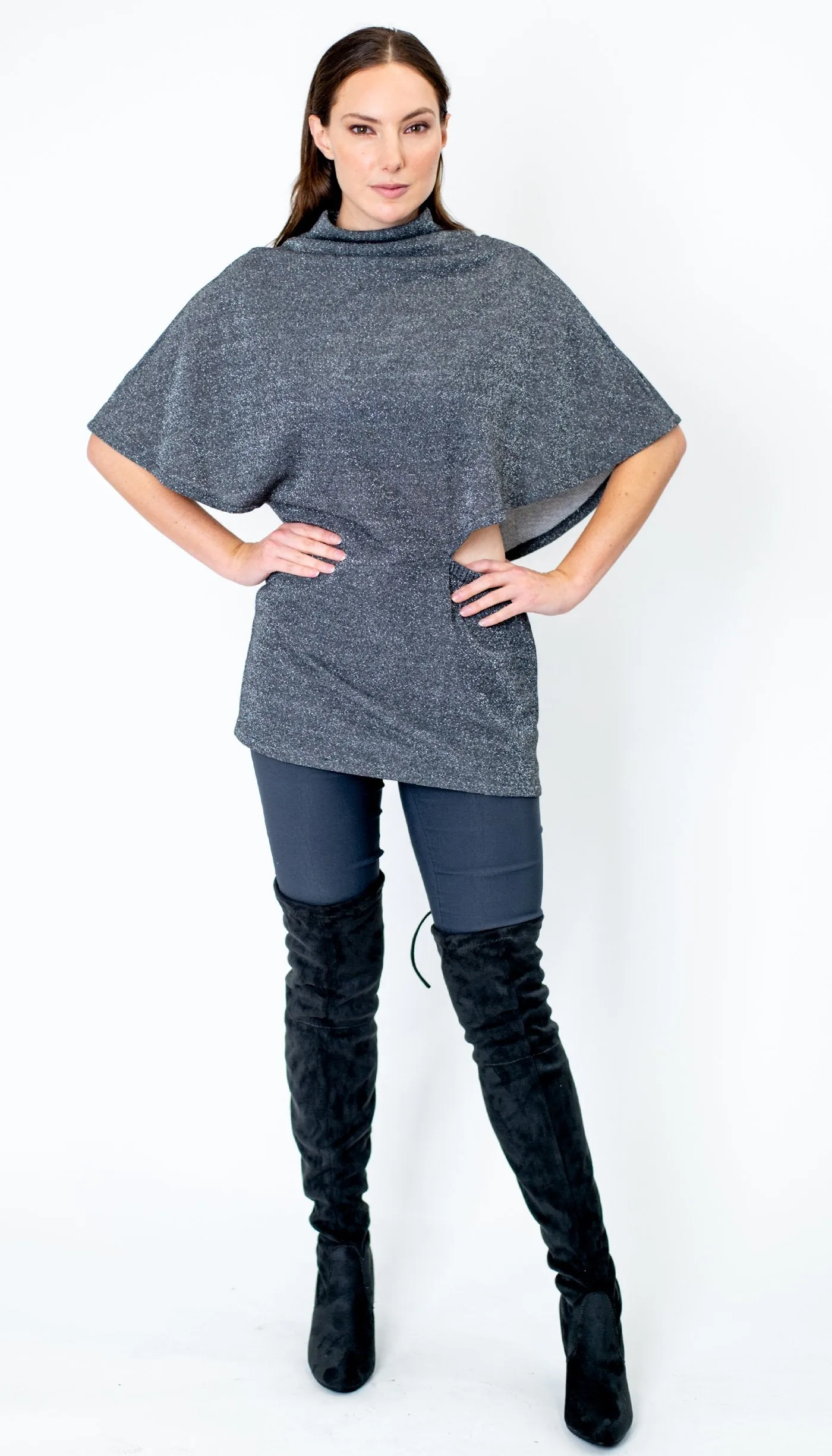 Poncho Tunic Top w/Split Shoulder / Black Metallic