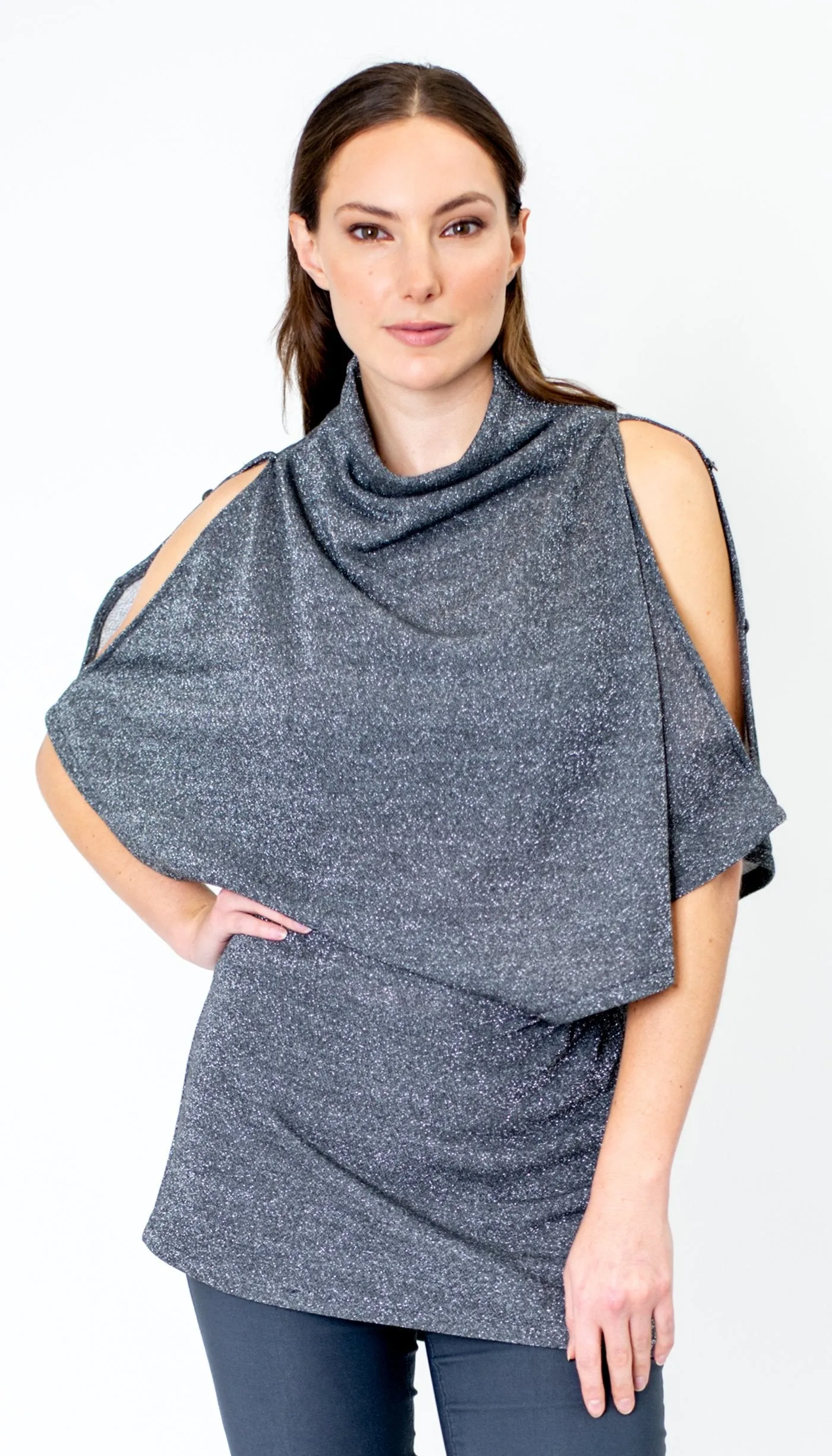 Poncho Tunic Top w/Split Shoulder / Black Metallic