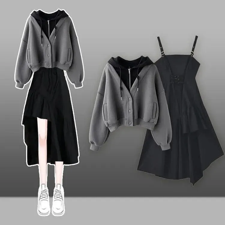 Preppy Pockets Hoodie Coat Lace Up Irregular Slip Dress Two Piece Set