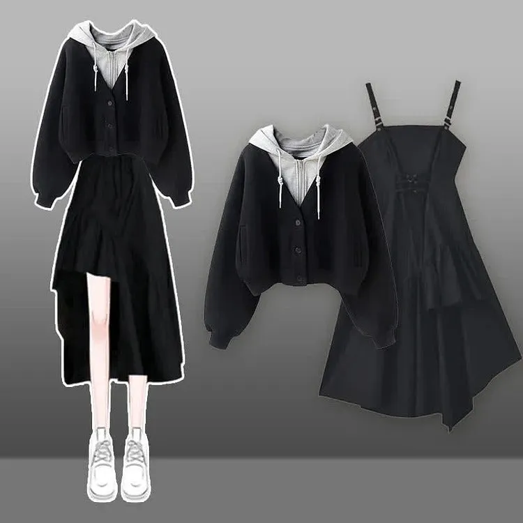 Preppy Pockets Hoodie Coat Lace Up Irregular Slip Dress Two Piece Set