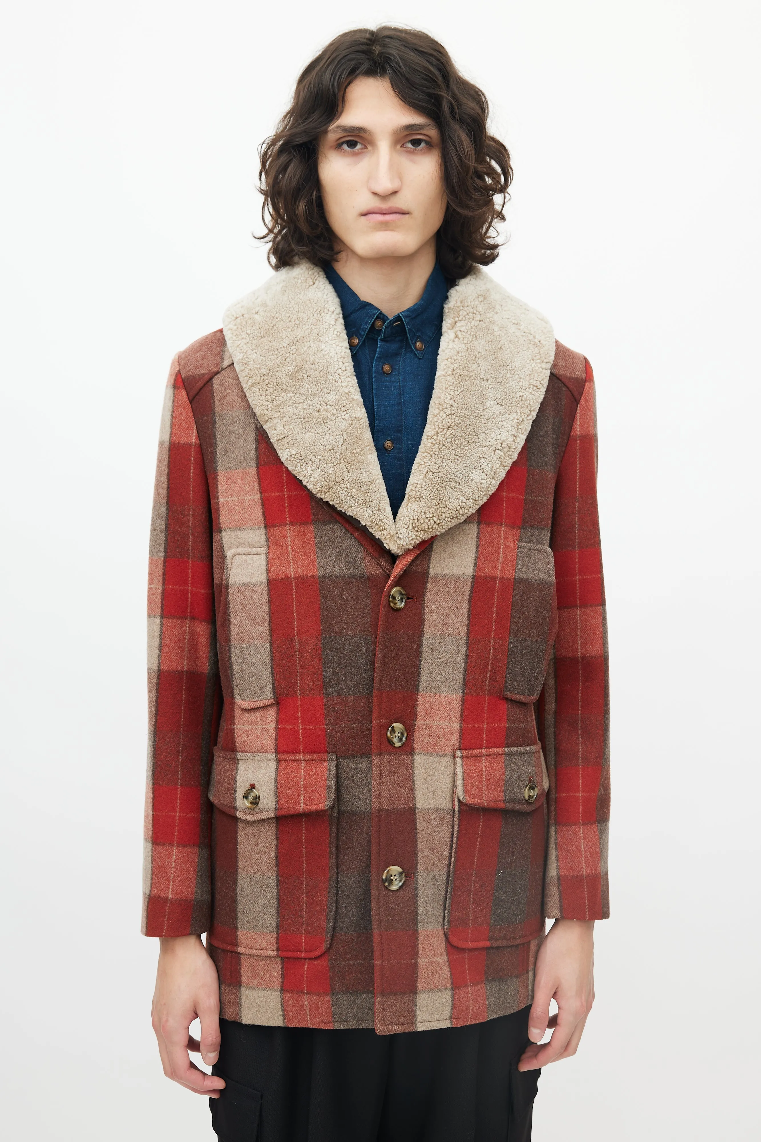 Red & Brown Wool Shearling Lapel Coat