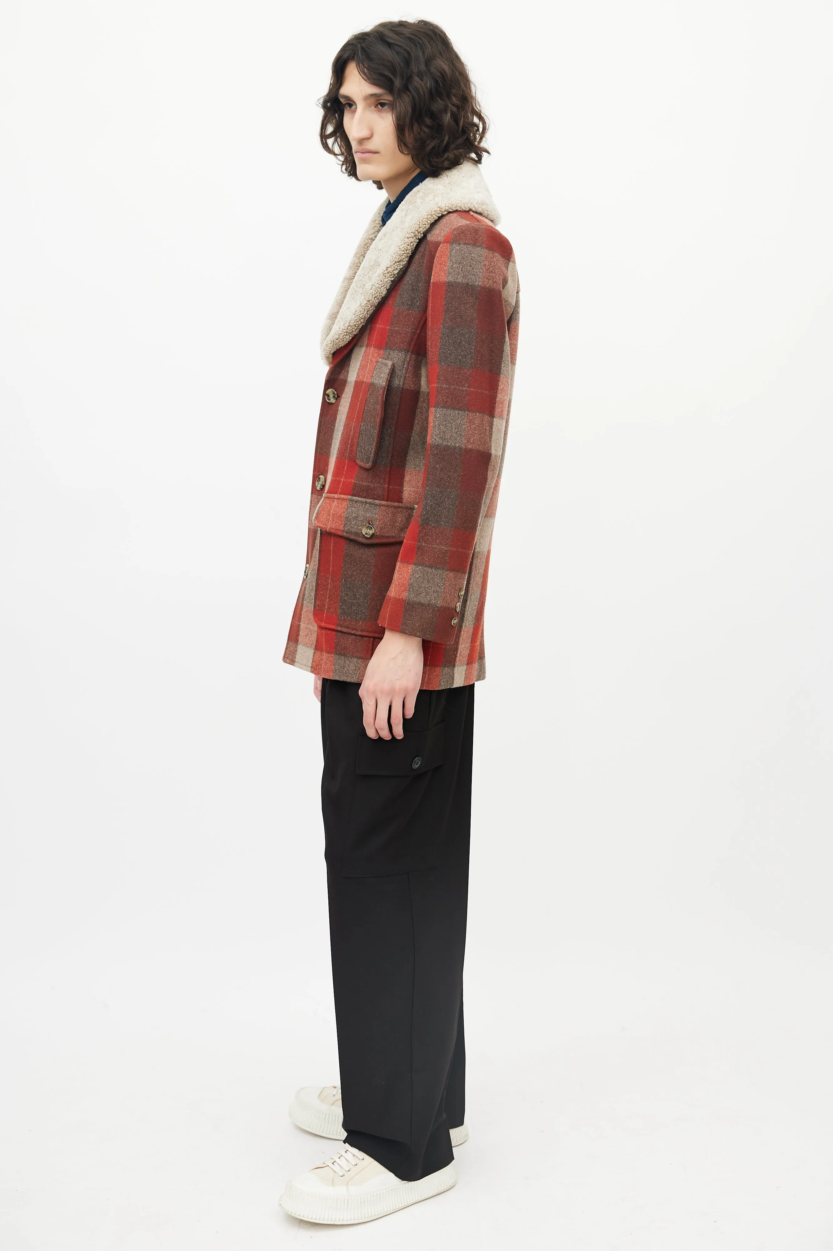 Red & Brown Wool Shearling Lapel Coat