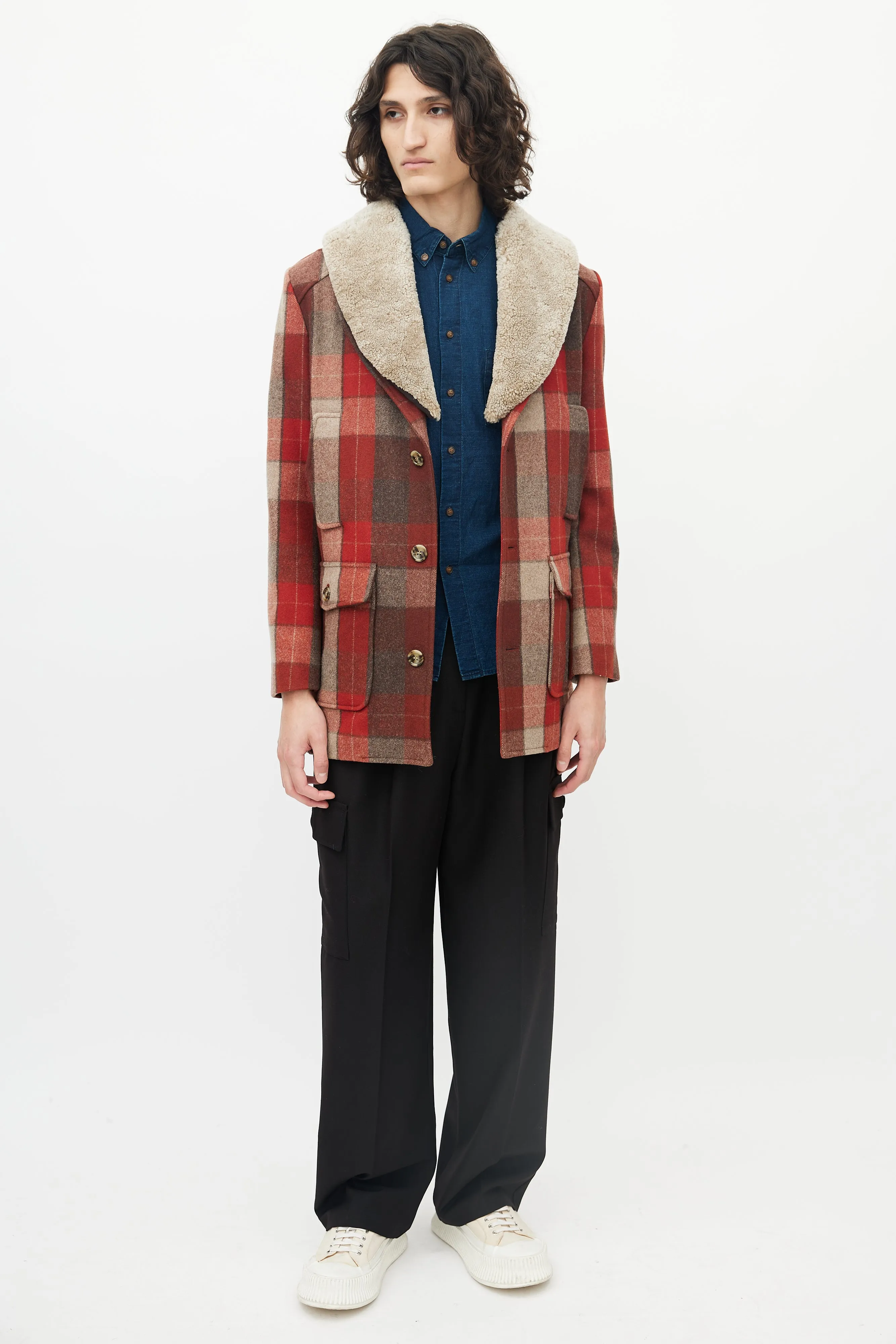 Red & Brown Wool Shearling Lapel Coat