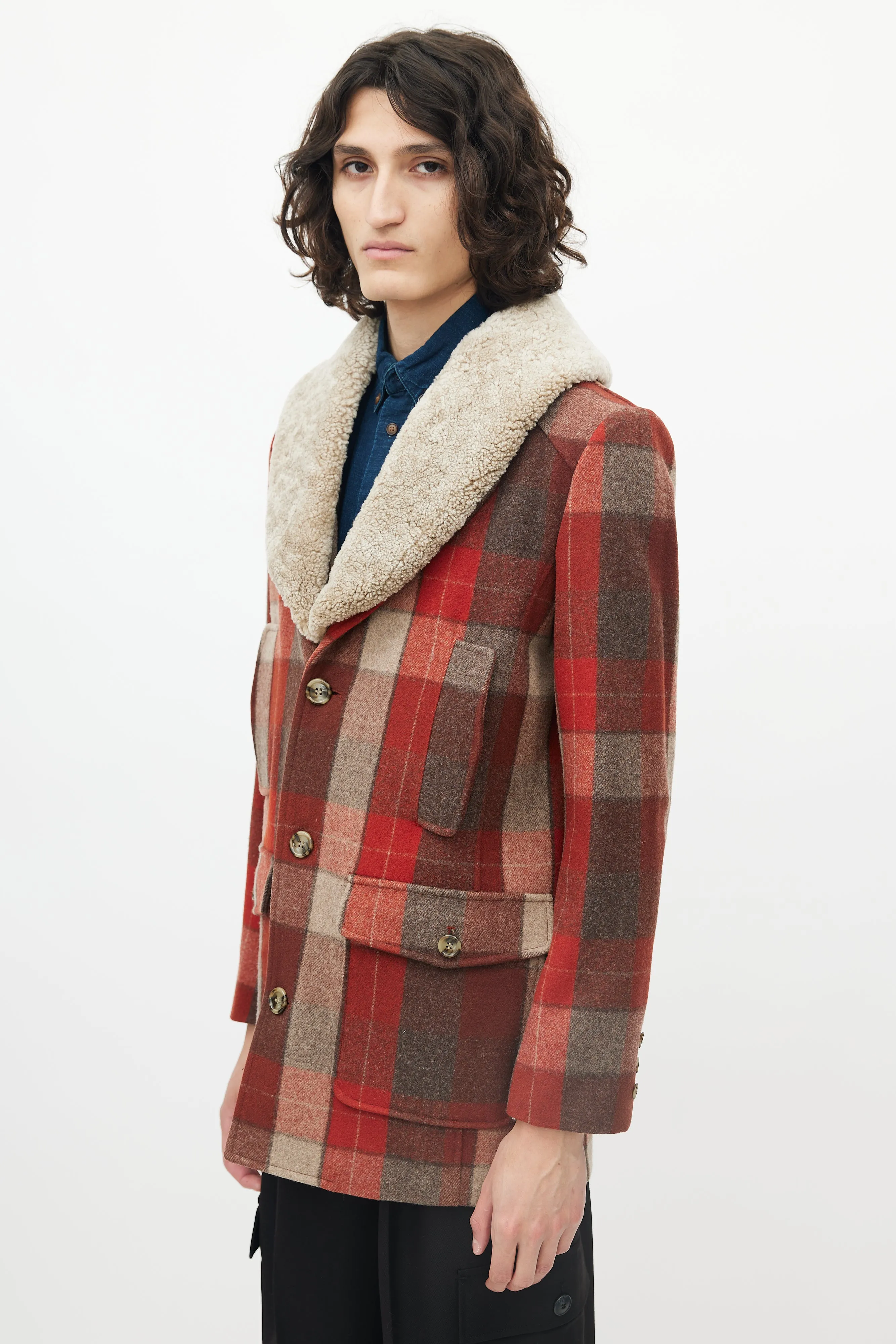 Red & Brown Wool Shearling Lapel Coat