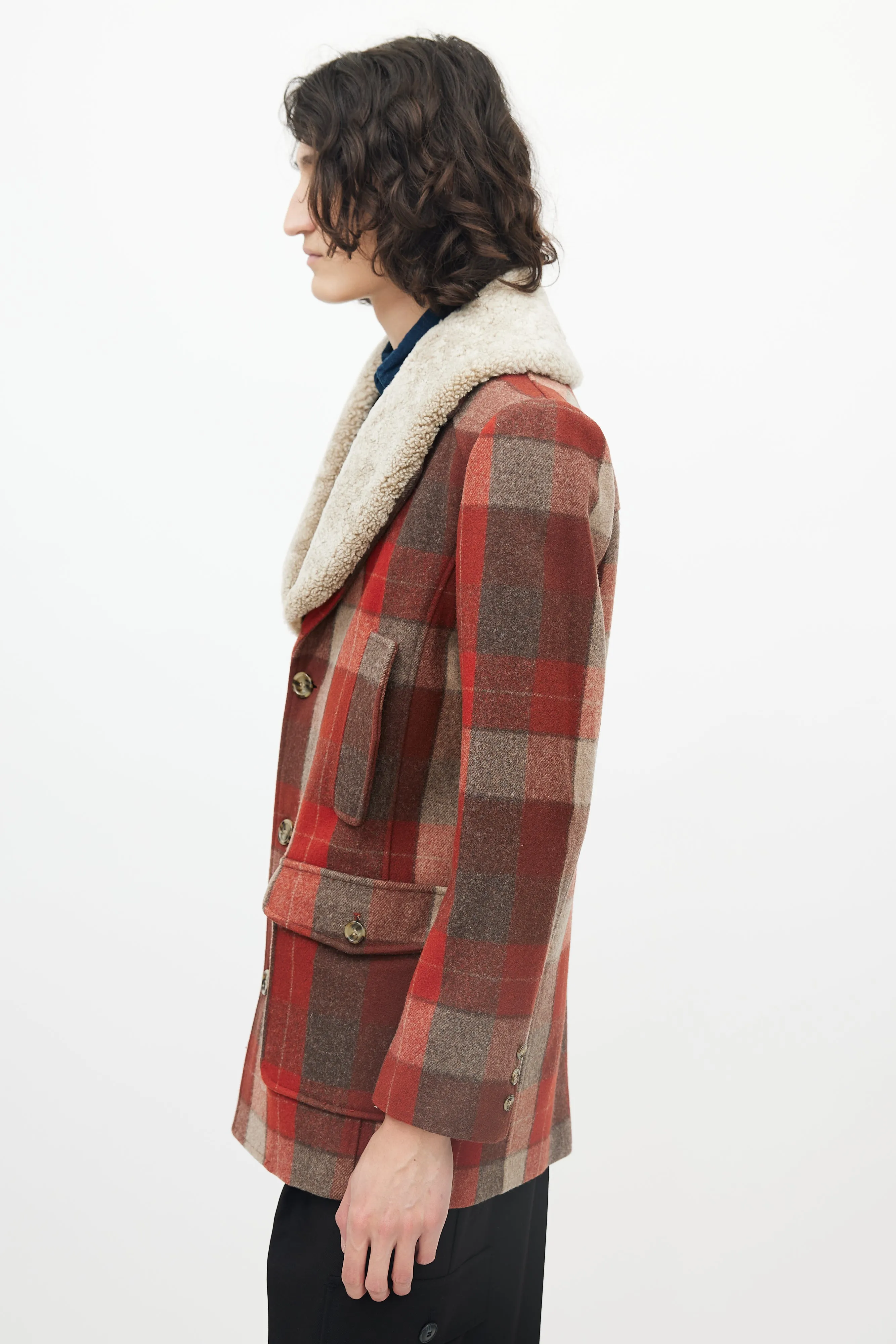 Red & Brown Wool Shearling Lapel Coat