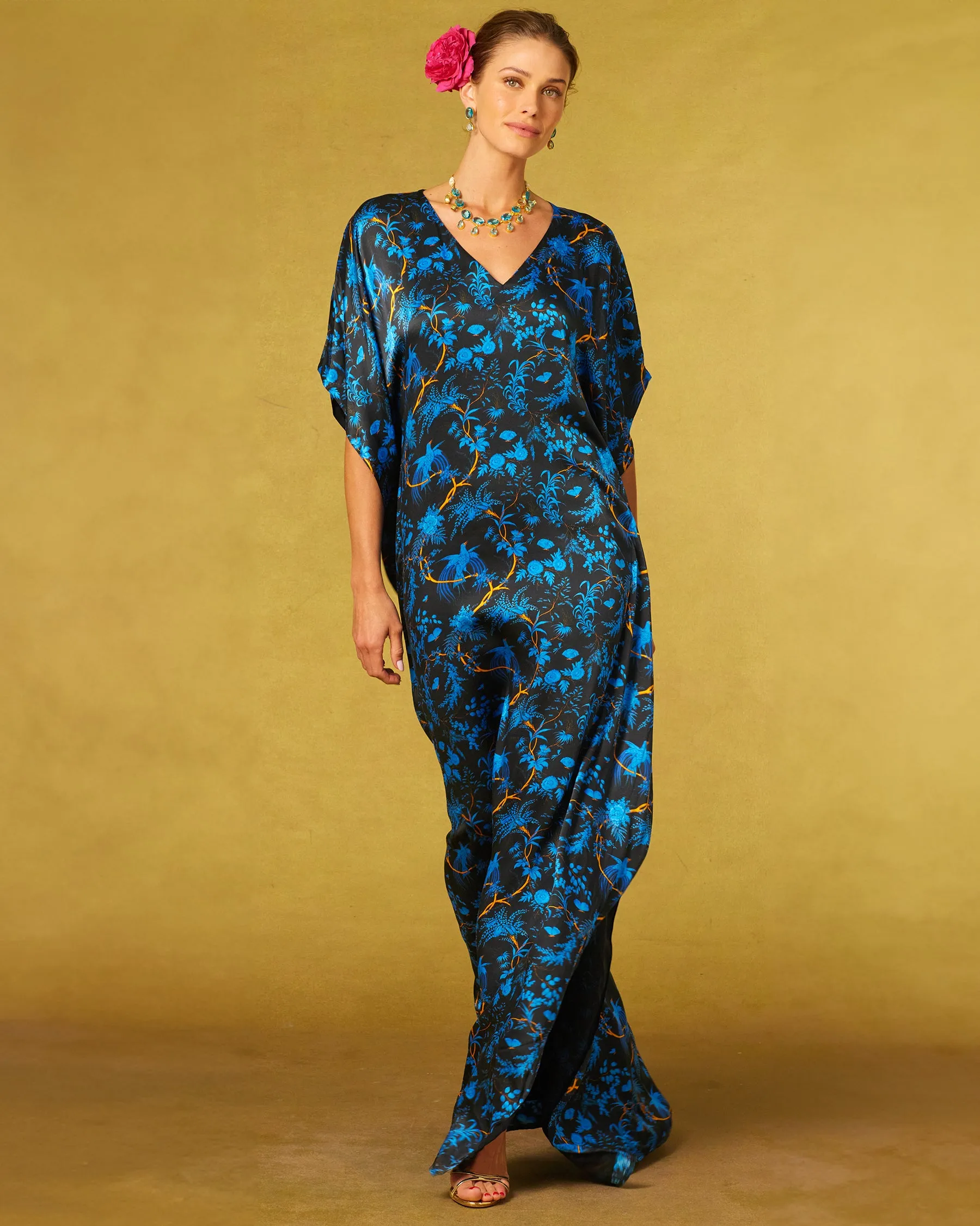 Regan Silk Kaftan in Midnight Garden