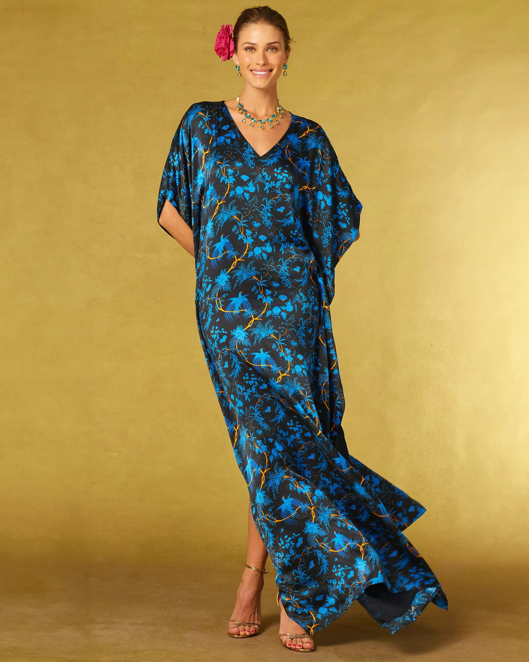 Regan Silk Kaftan in Midnight Garden