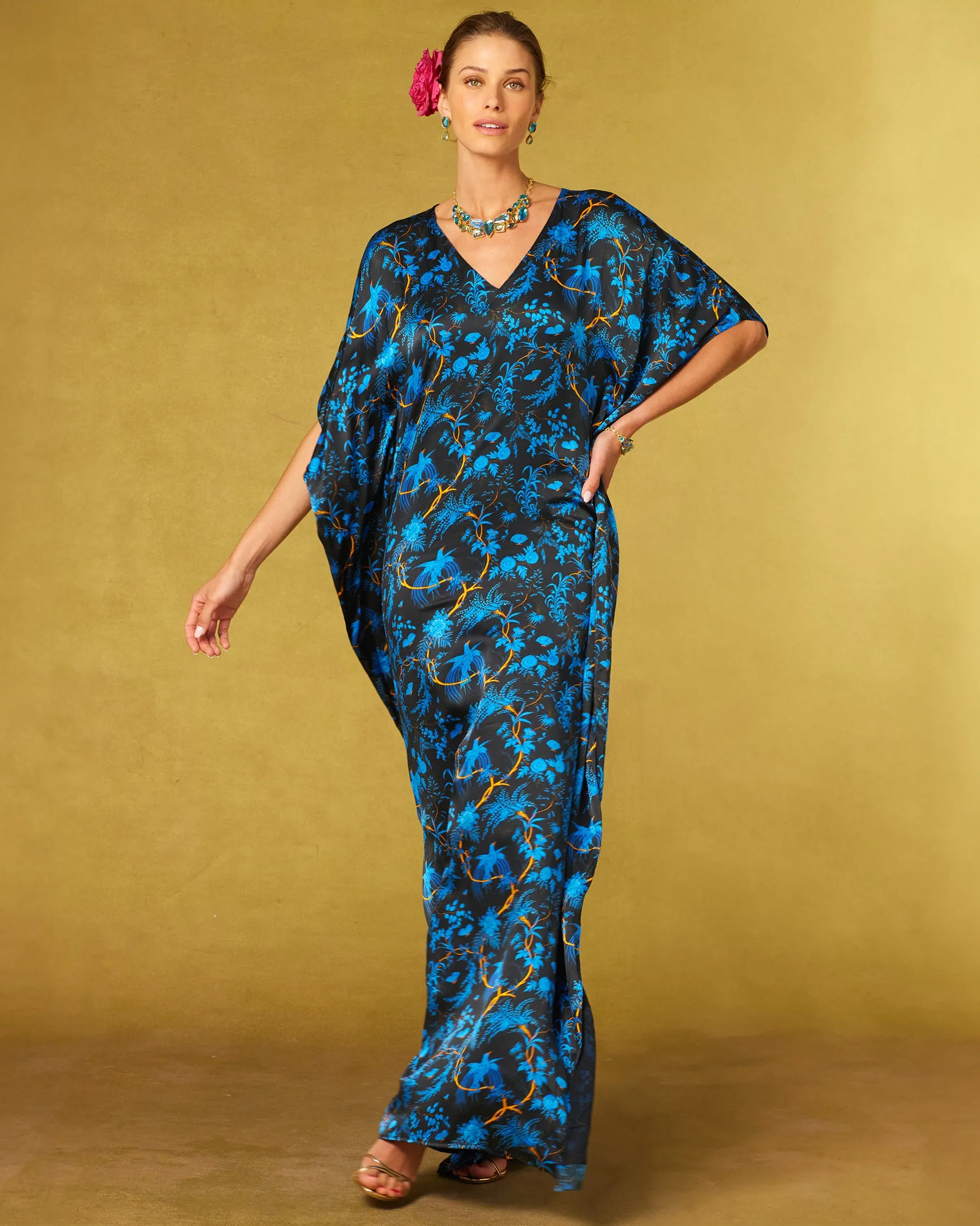 Regan Silk Kaftan in Midnight Garden