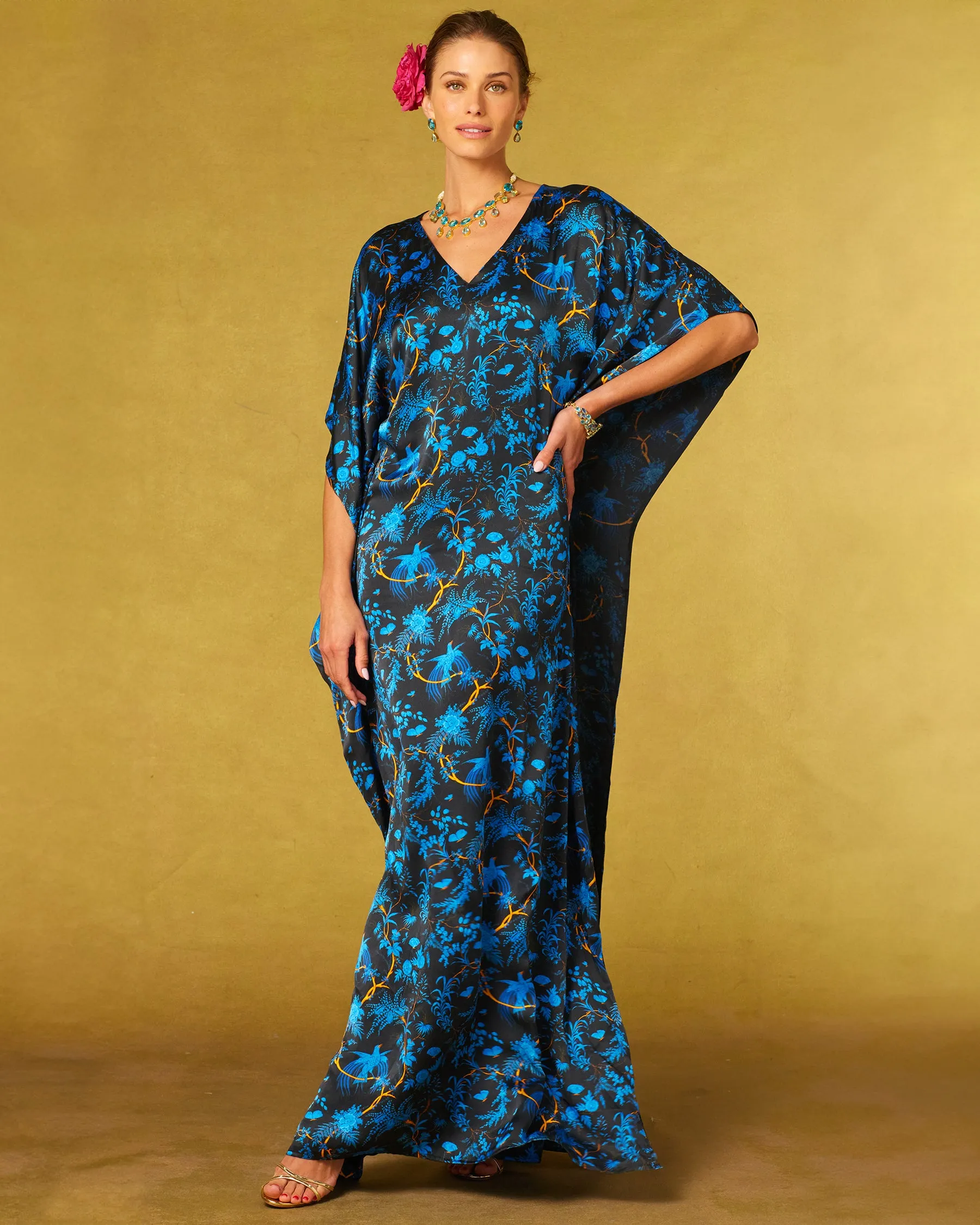 Regan Silk Kaftan in Midnight Garden