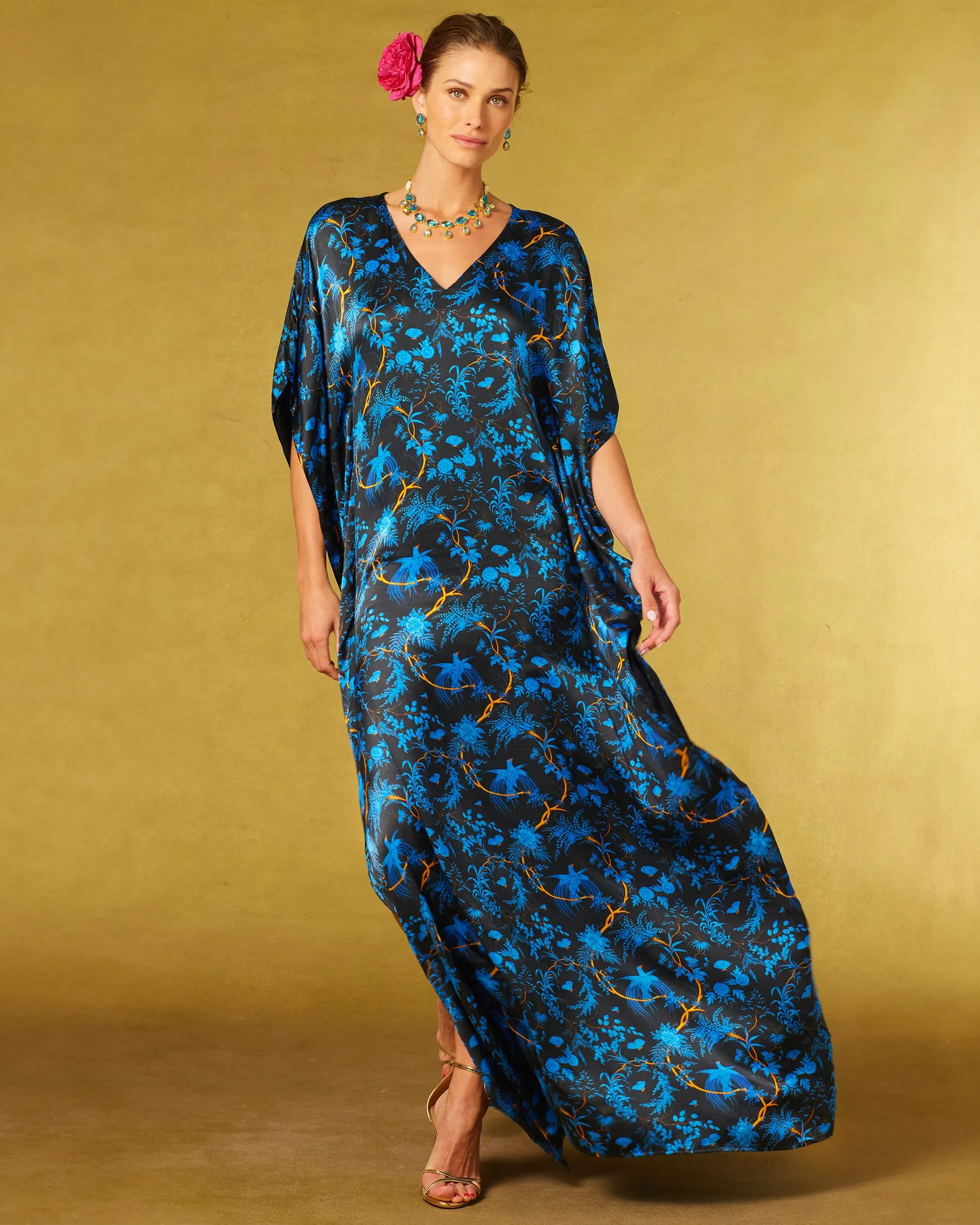 Regan Silk Kaftan in Midnight Garden