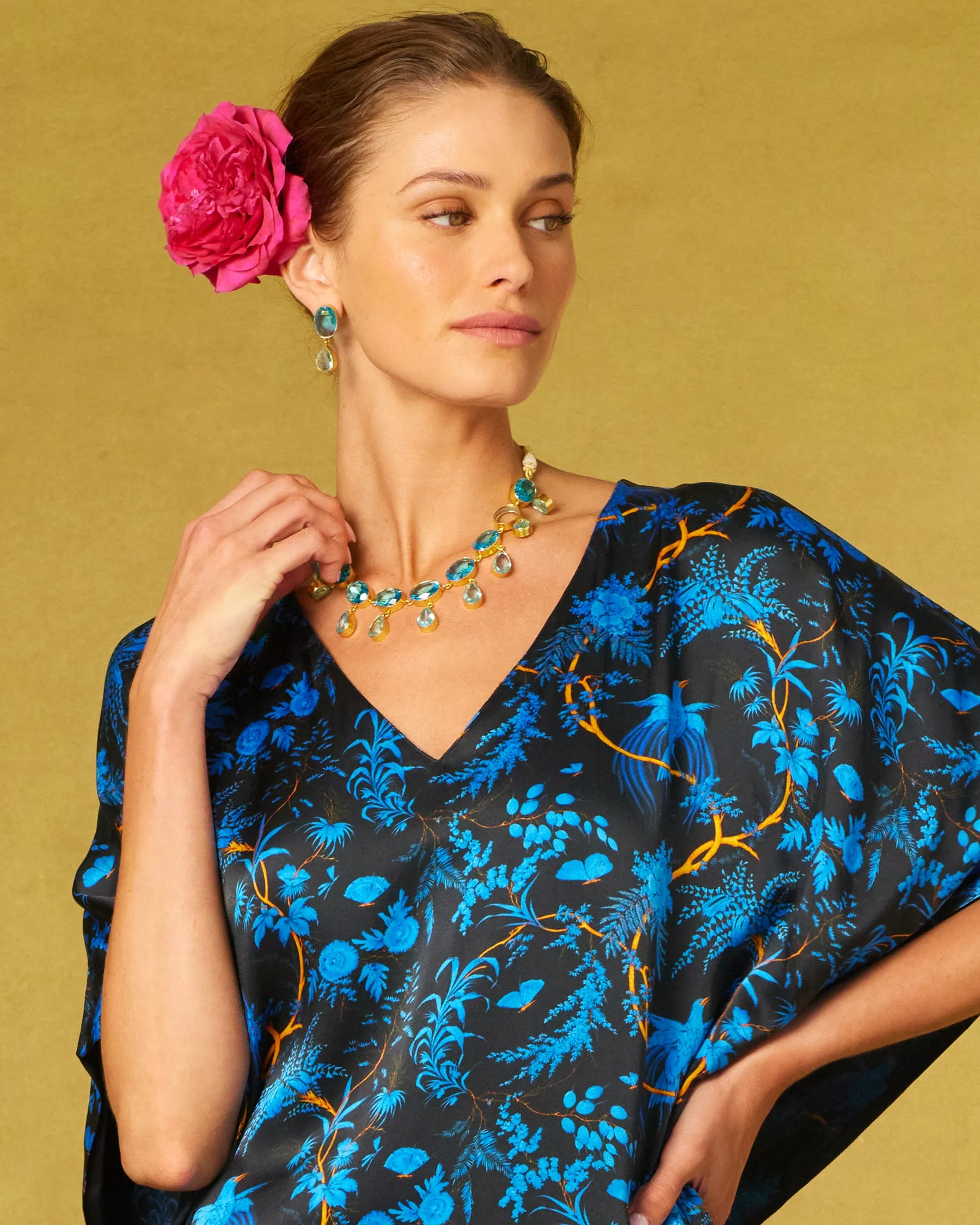 Regan Silk Kaftan in Midnight Garden