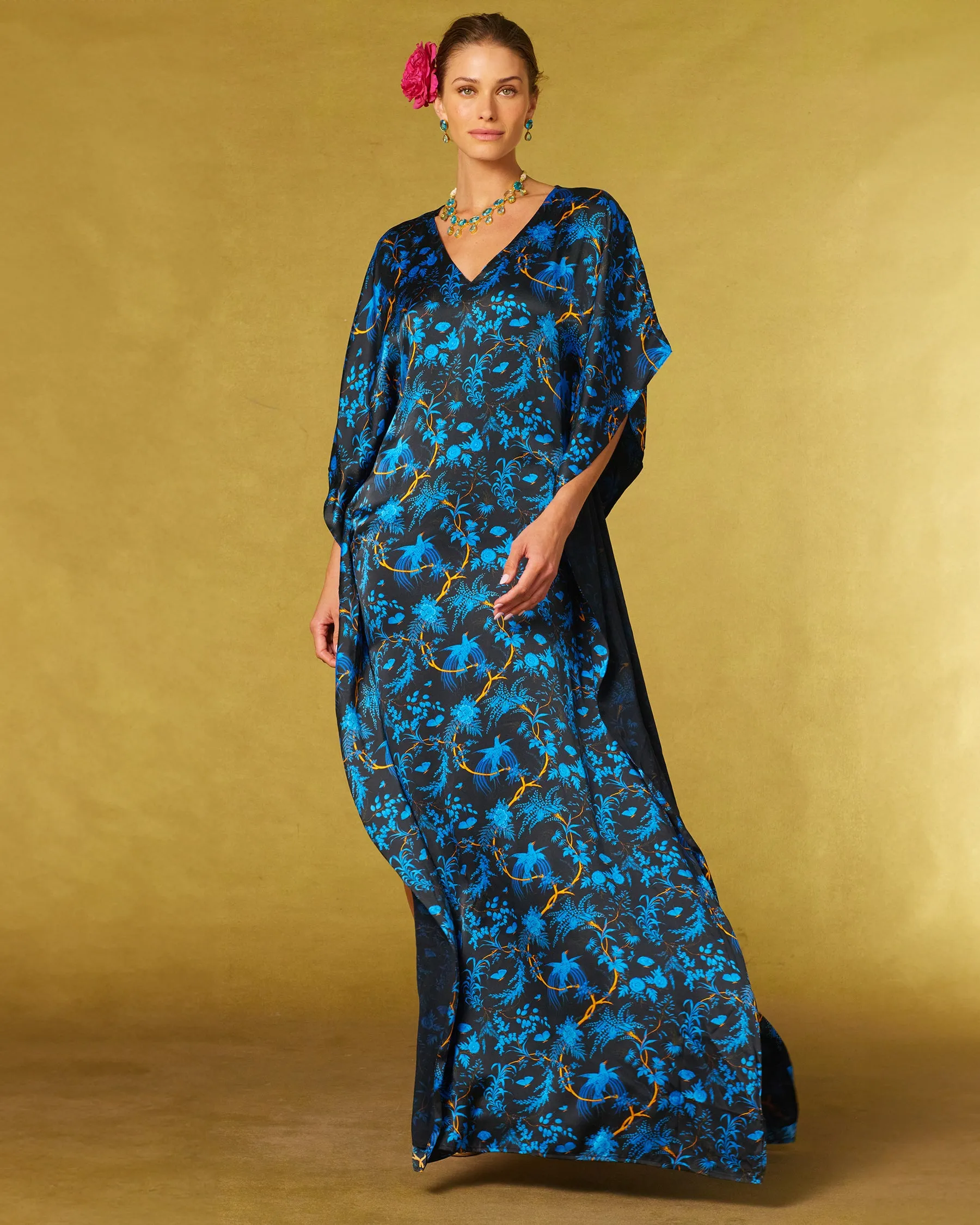 Regan Silk Kaftan in Midnight Garden