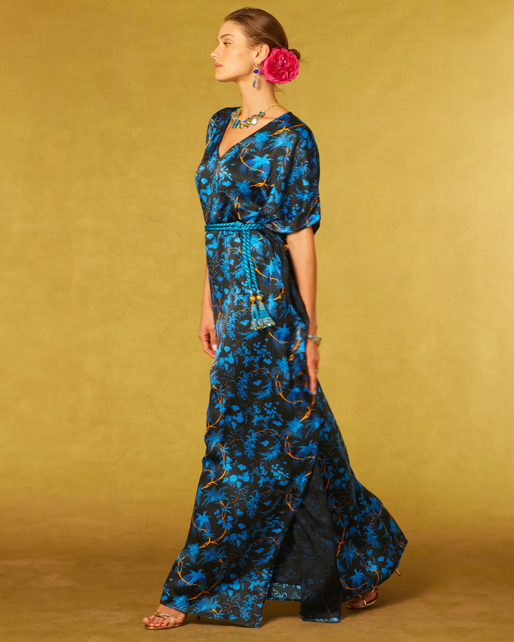 Regan Silk Kaftan in Midnight Garden