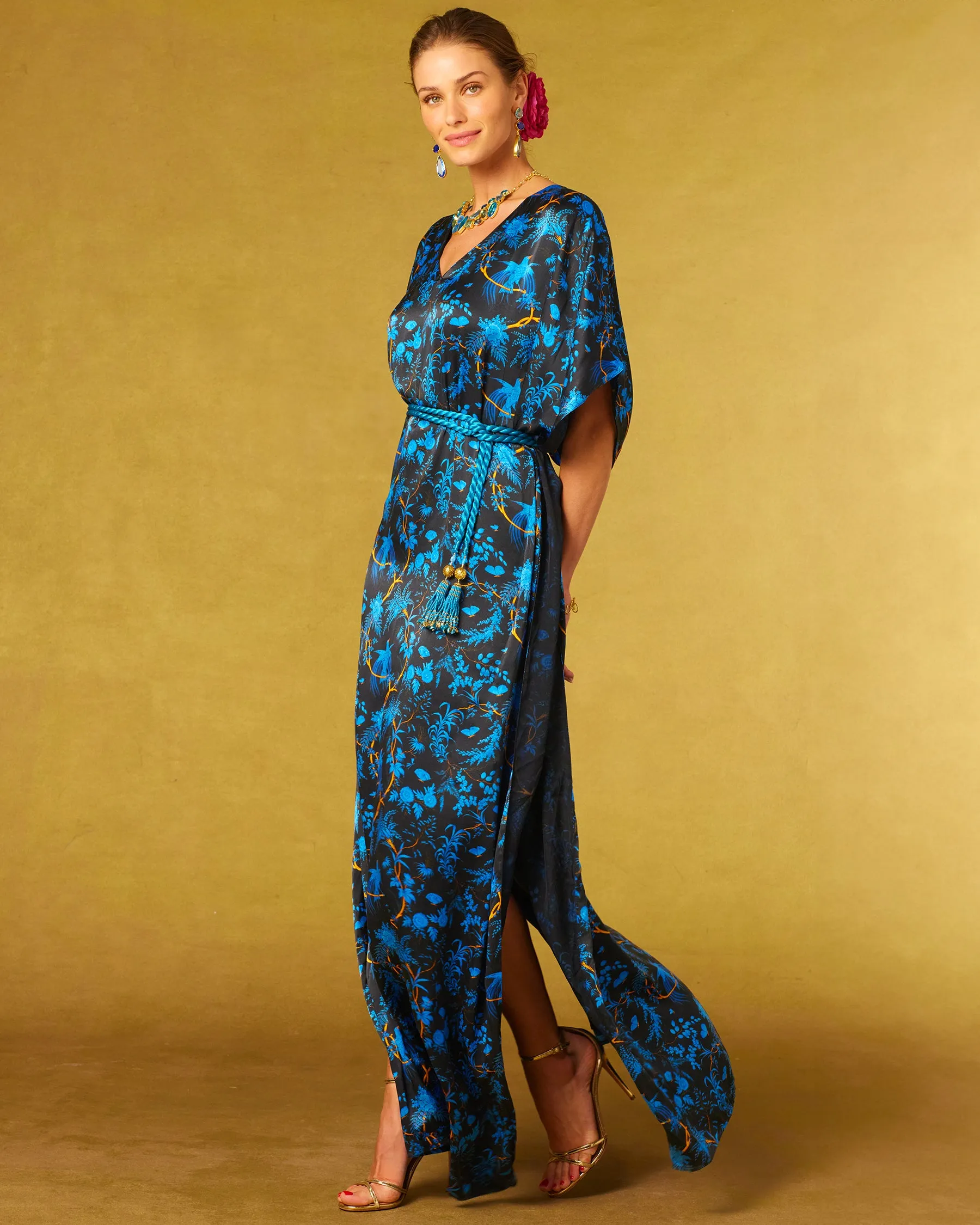 Regan Silk Kaftan in Midnight Garden