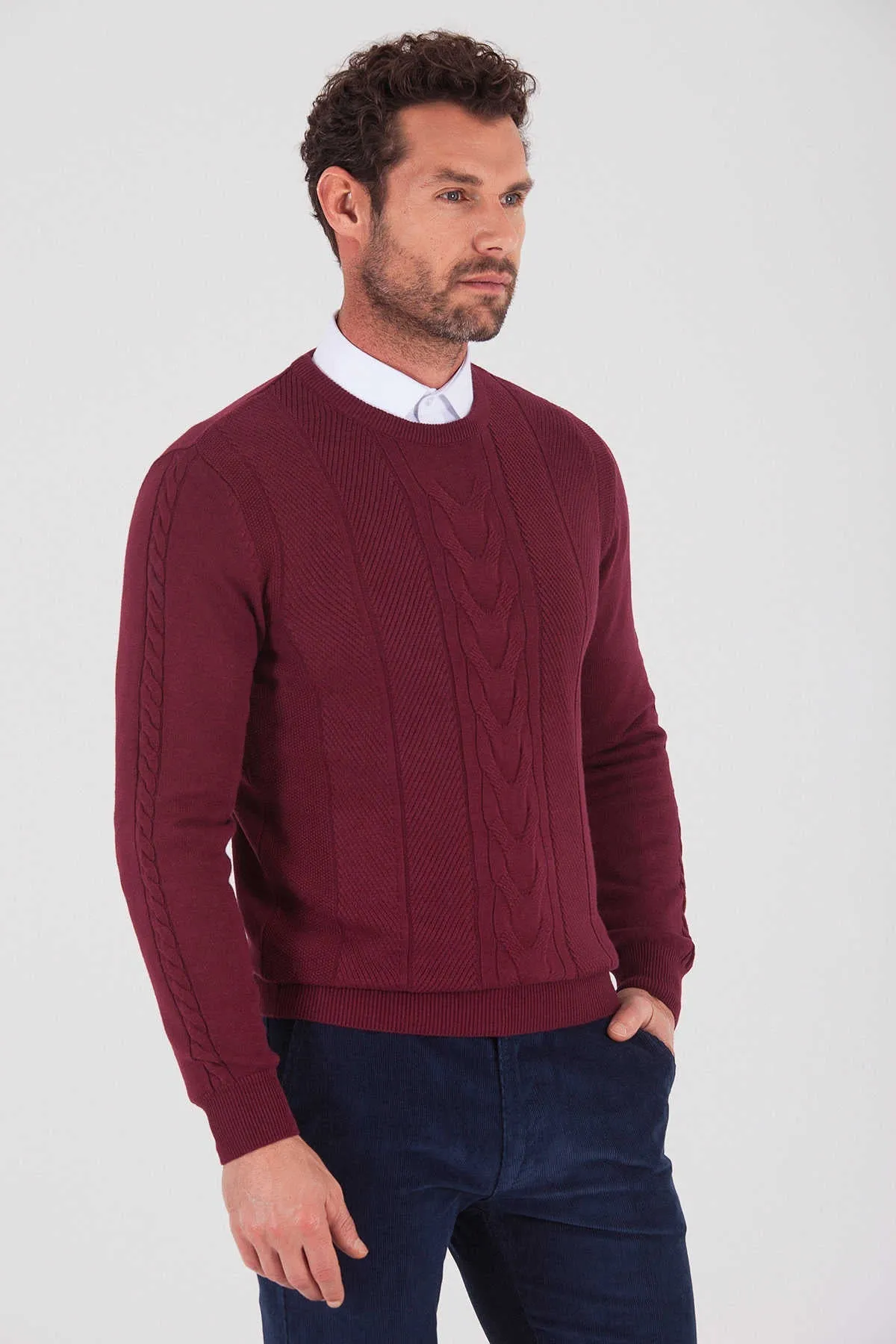 Regular Fit Cotton Blend Burgundy Crewneck Sweater