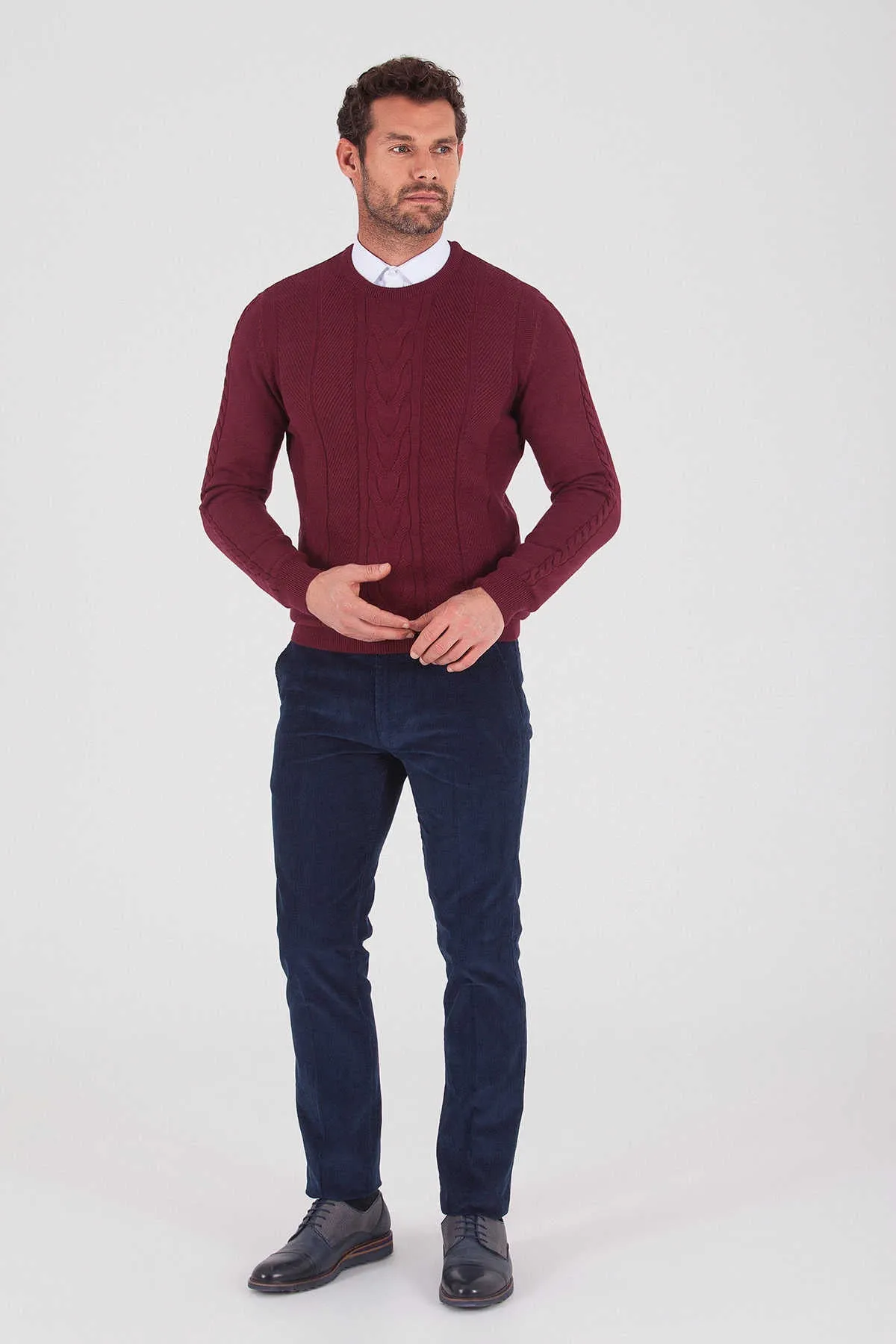 Regular Fit Cotton Blend Burgundy Crewneck Sweater