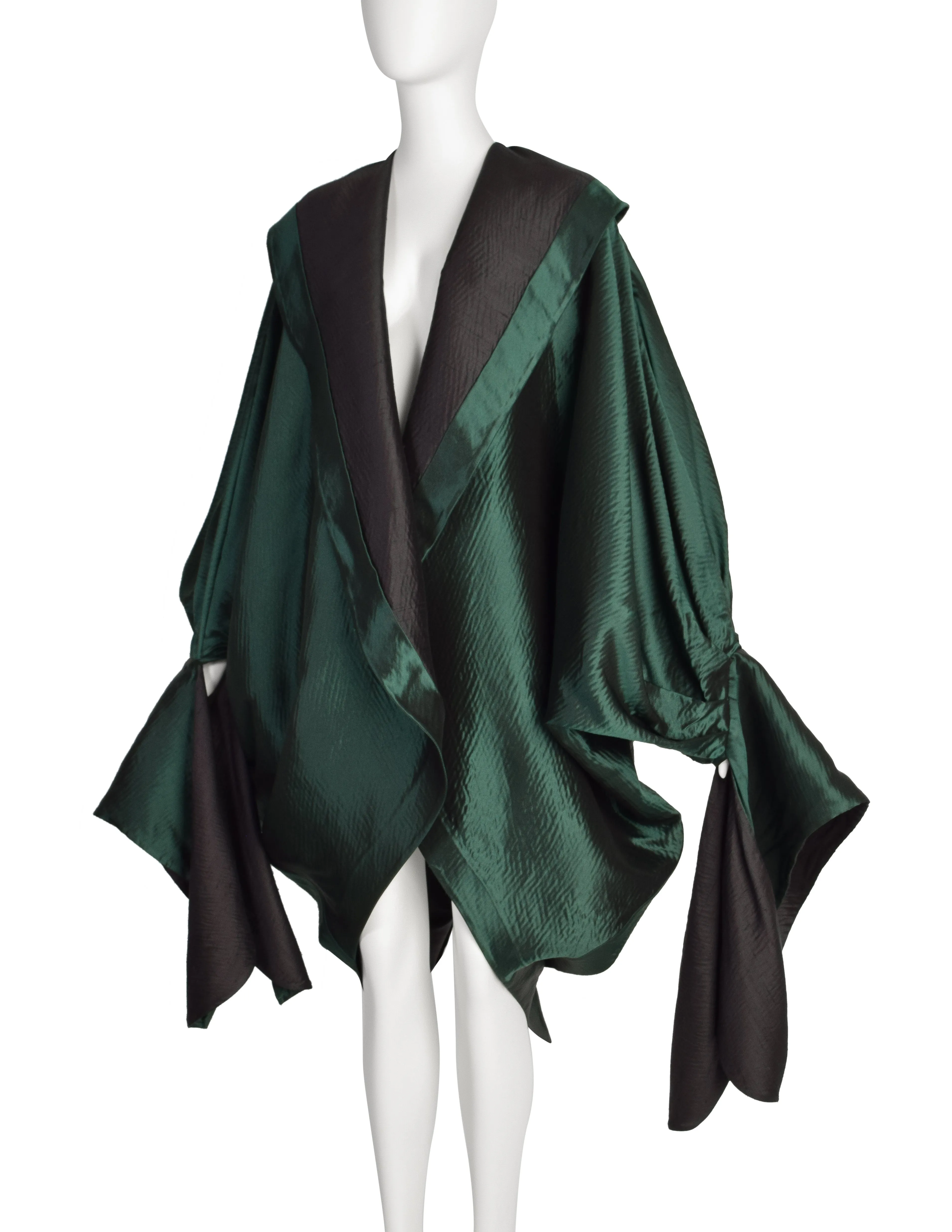 Romeo Gigli Vintage AW 1990 Green Silk Satin Limited Edition 2/30 Draping Cocoon Cape Coat