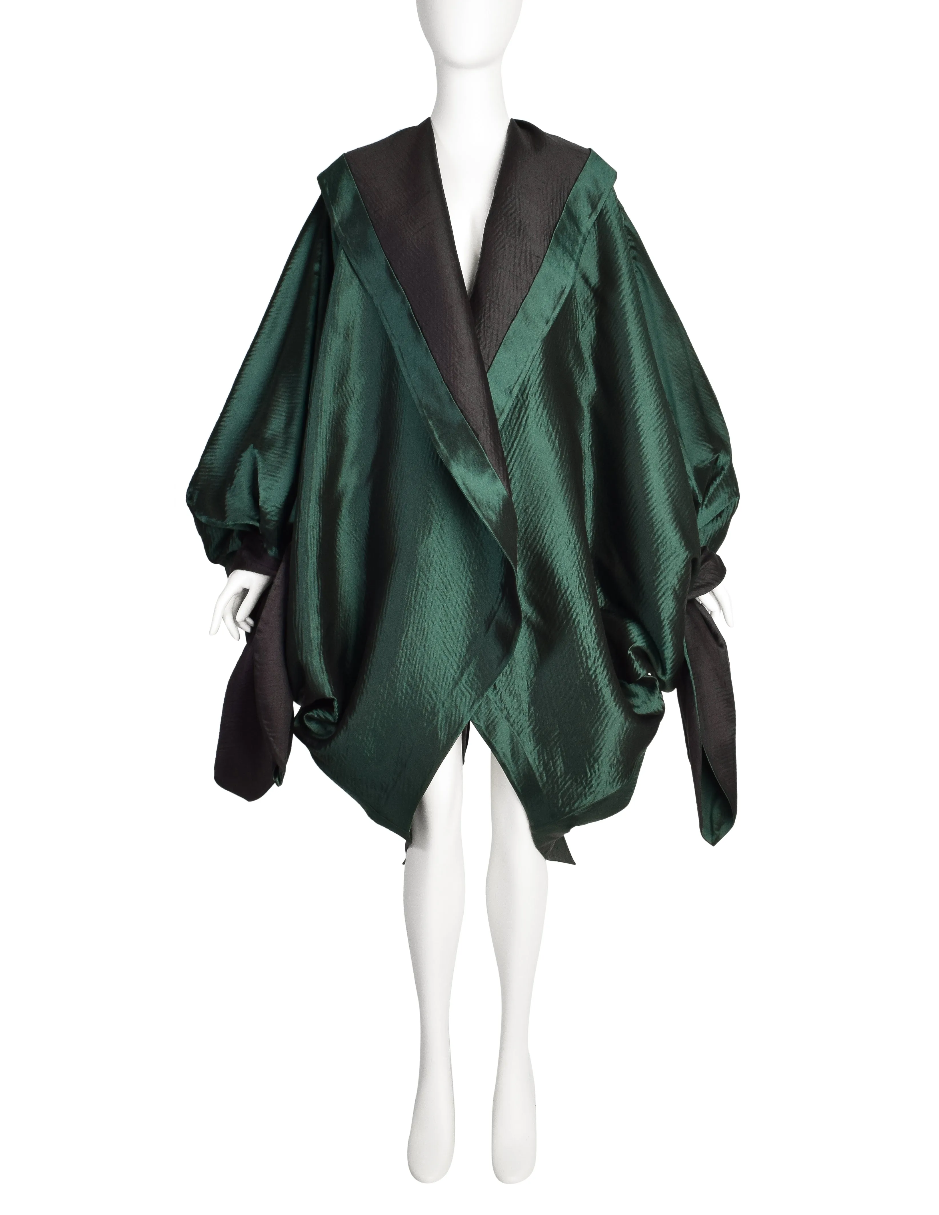 Romeo Gigli Vintage AW 1990 Green Silk Satin Limited Edition 2/30 Draping Cocoon Cape Coat