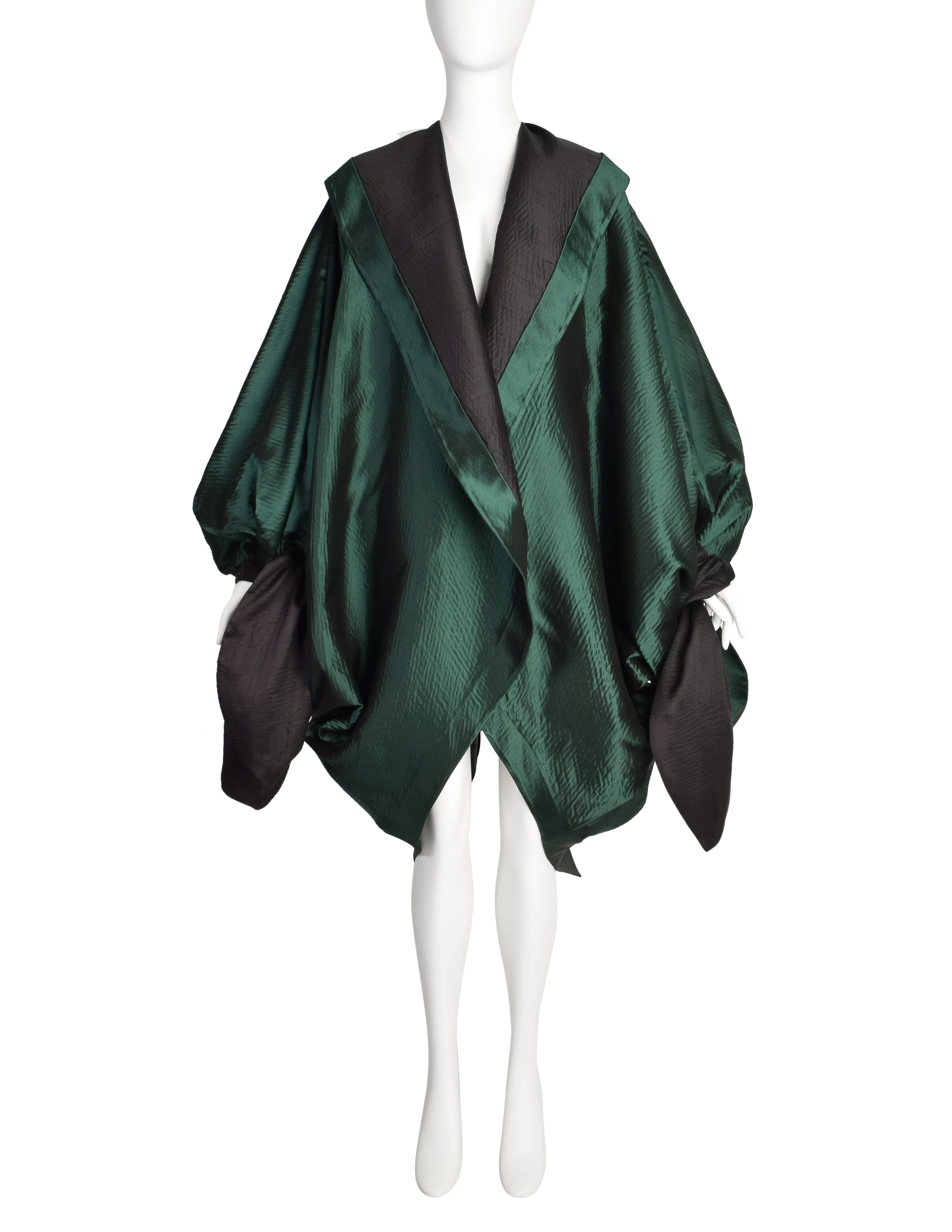 Romeo Gigli Vintage AW 1990 Green Silk Satin Limited Edition 2/30 Draping Cocoon Cape Coat