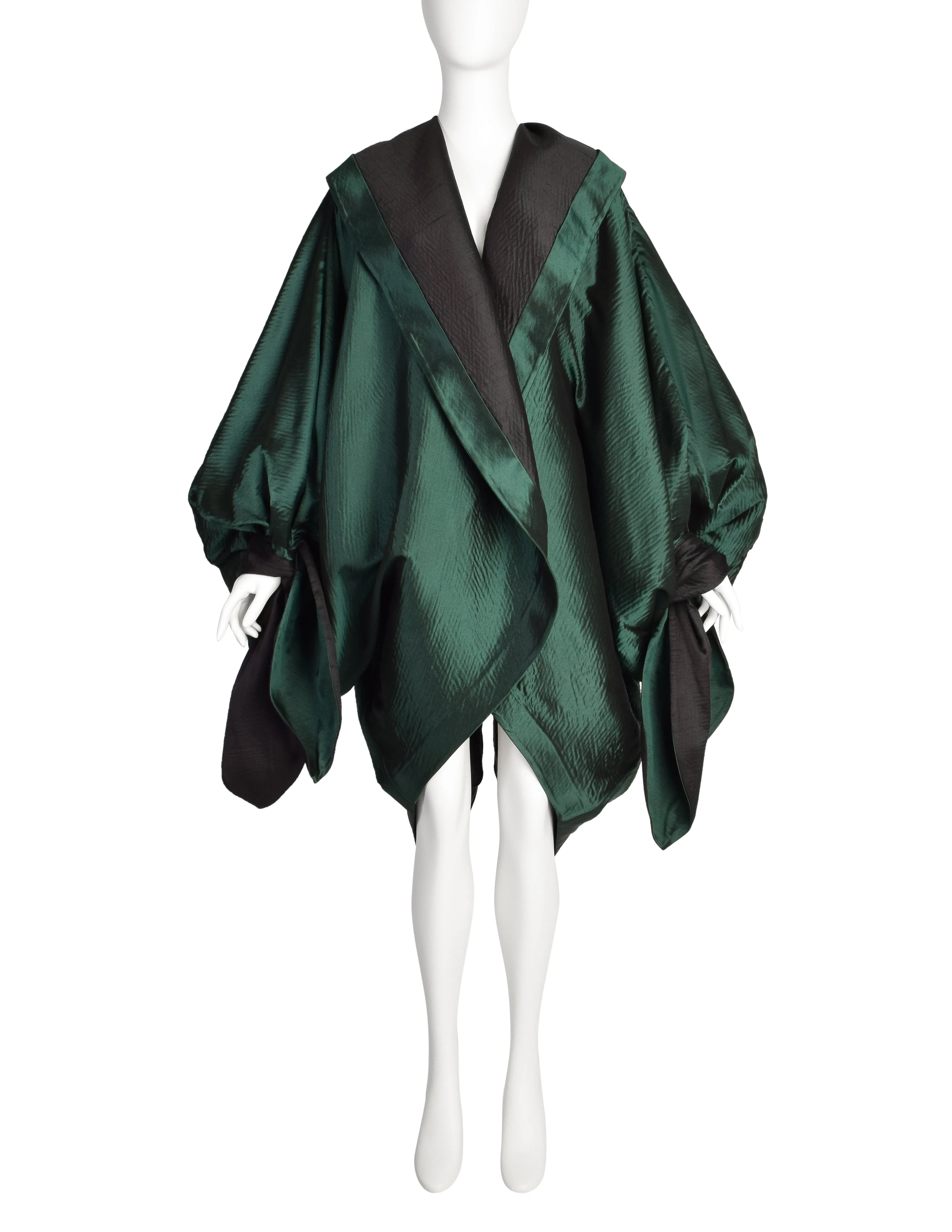 Romeo Gigli Vintage AW 1990 Green Silk Satin Limited Edition 2/30 Draping Cocoon Cape Coat