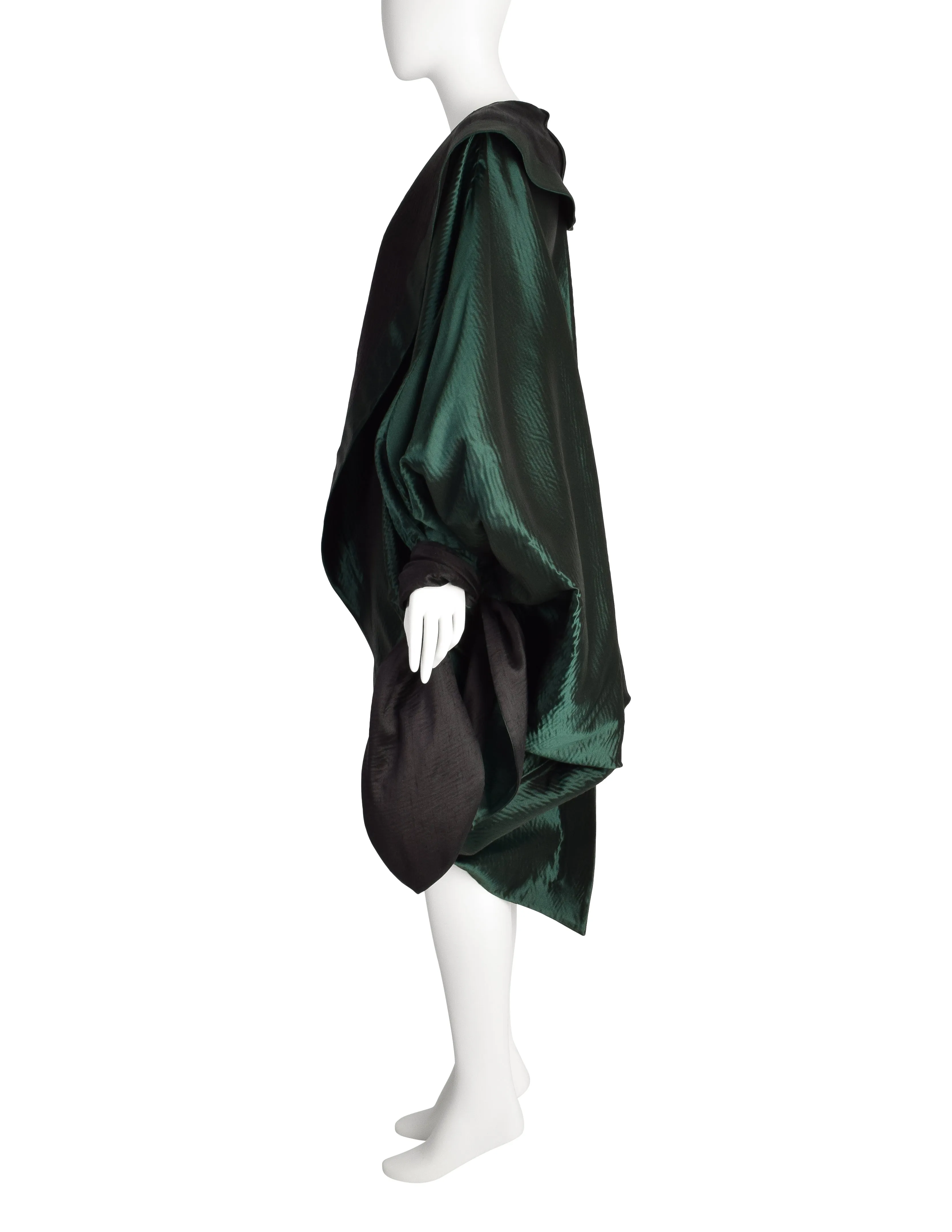 Romeo Gigli Vintage AW 1990 Green Silk Satin Limited Edition 2/30 Draping Cocoon Cape Coat