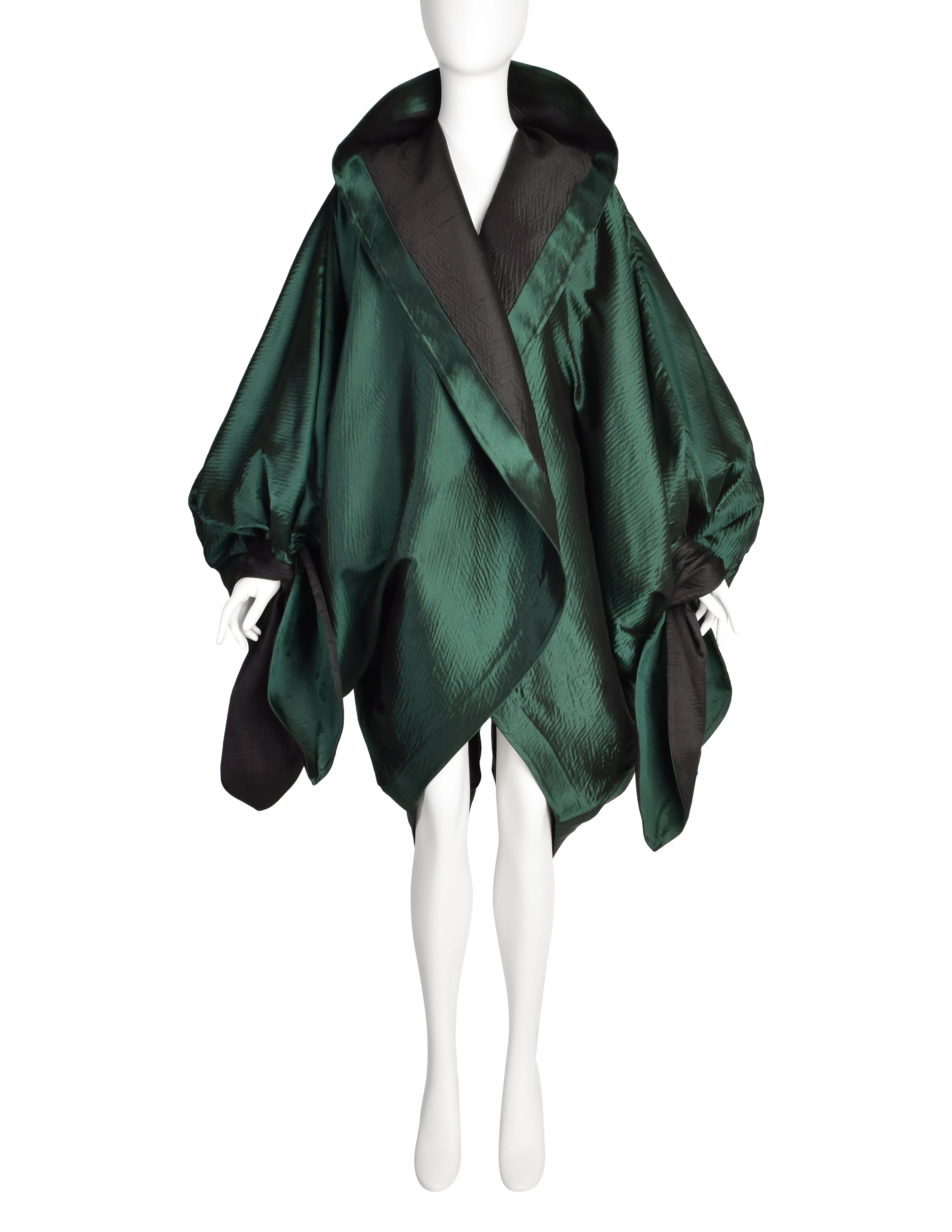 Romeo Gigli Vintage AW 1990 Green Silk Satin Limited Edition 2/30 Draping Cocoon Cape Coat