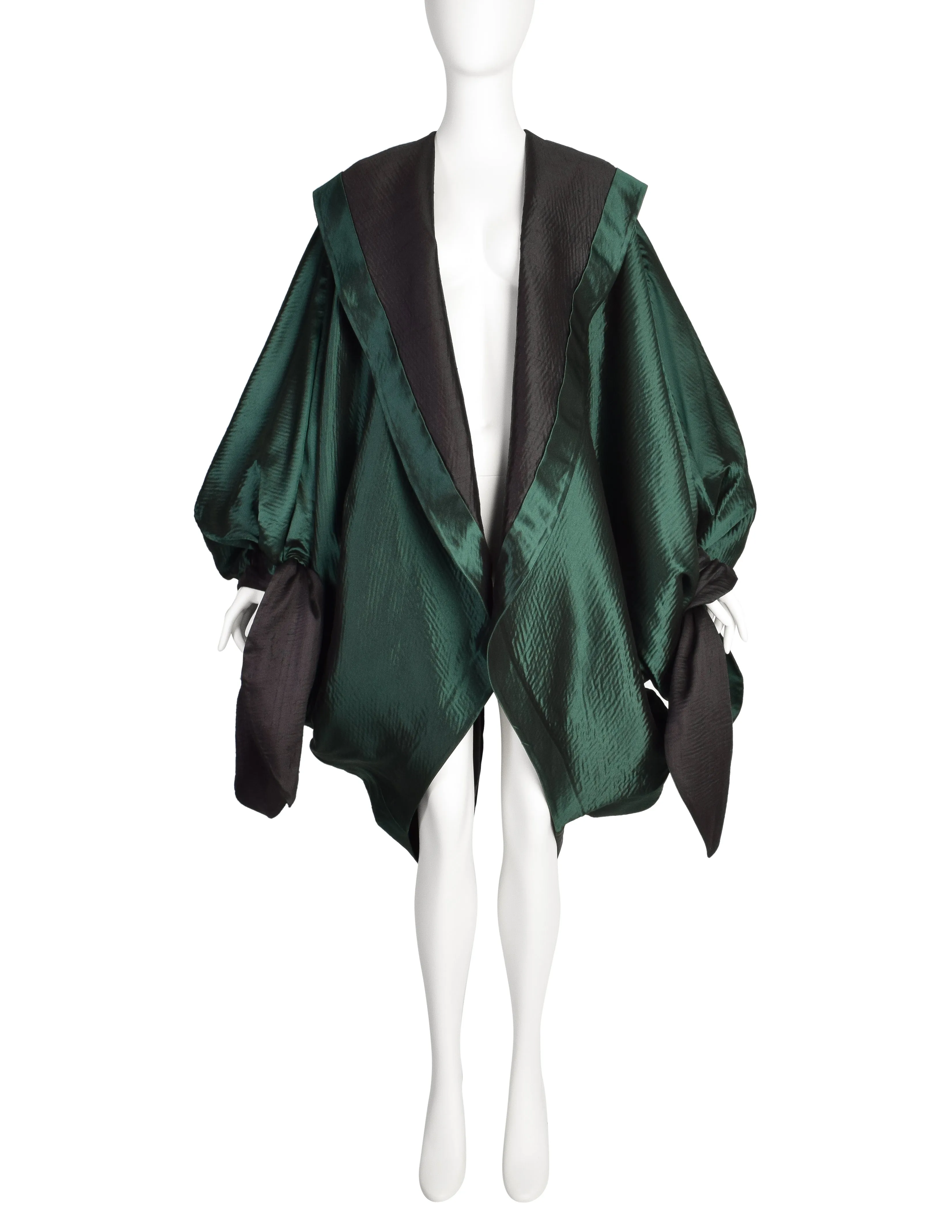 Romeo Gigli Vintage AW 1990 Green Silk Satin Limited Edition 2/30 Draping Cocoon Cape Coat