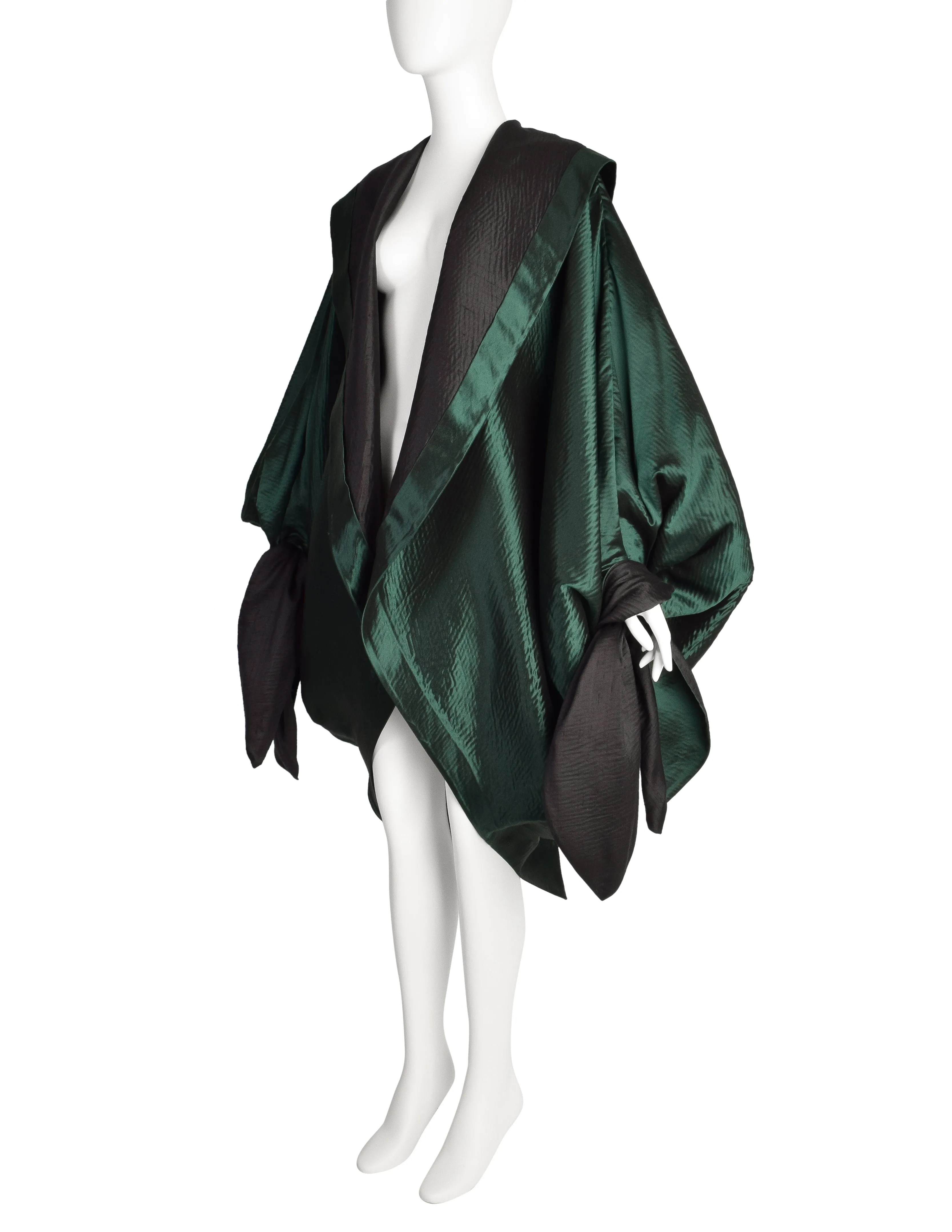 Romeo Gigli Vintage AW 1990 Green Silk Satin Limited Edition 2/30 Draping Cocoon Cape Coat