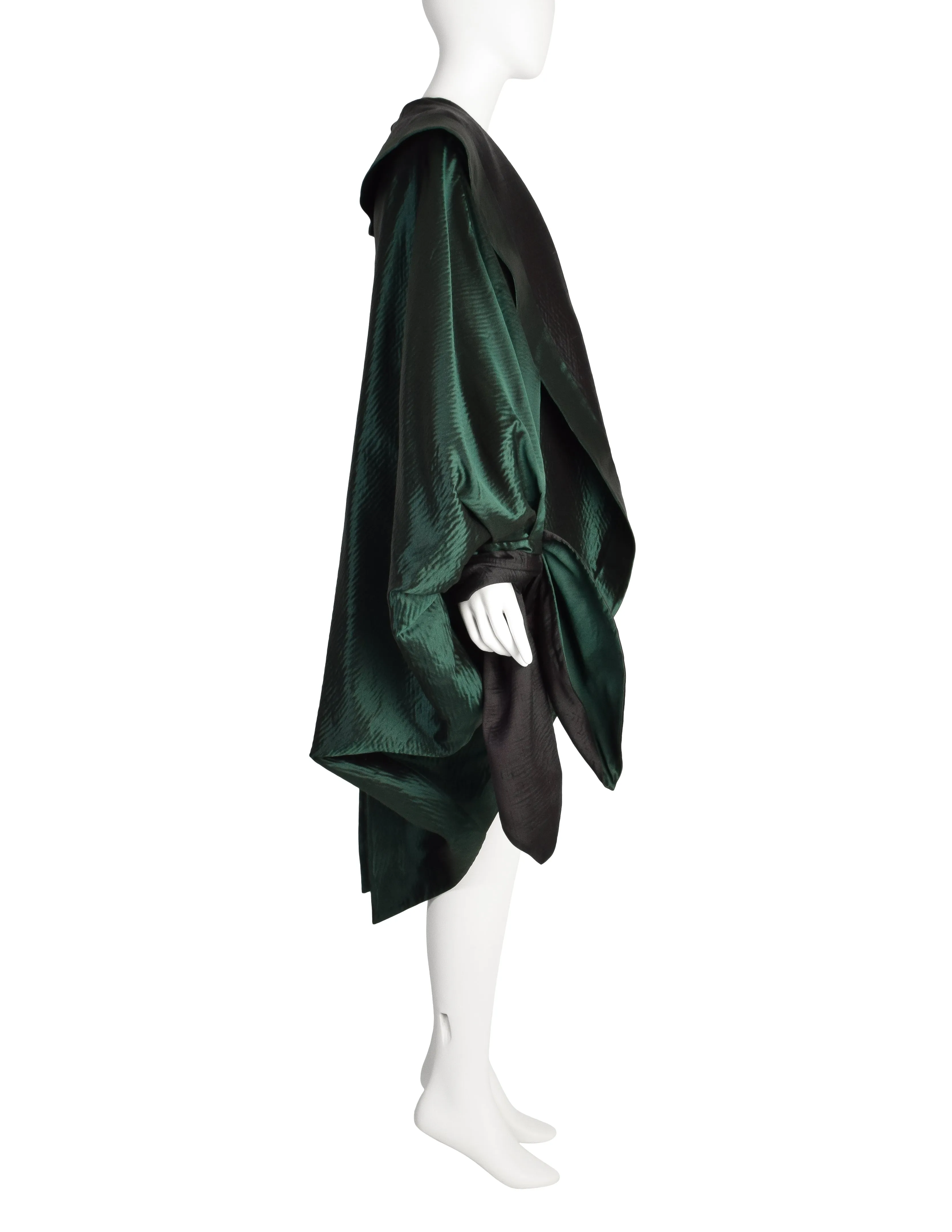 Romeo Gigli Vintage AW 1990 Green Silk Satin Limited Edition 2/30 Draping Cocoon Cape Coat