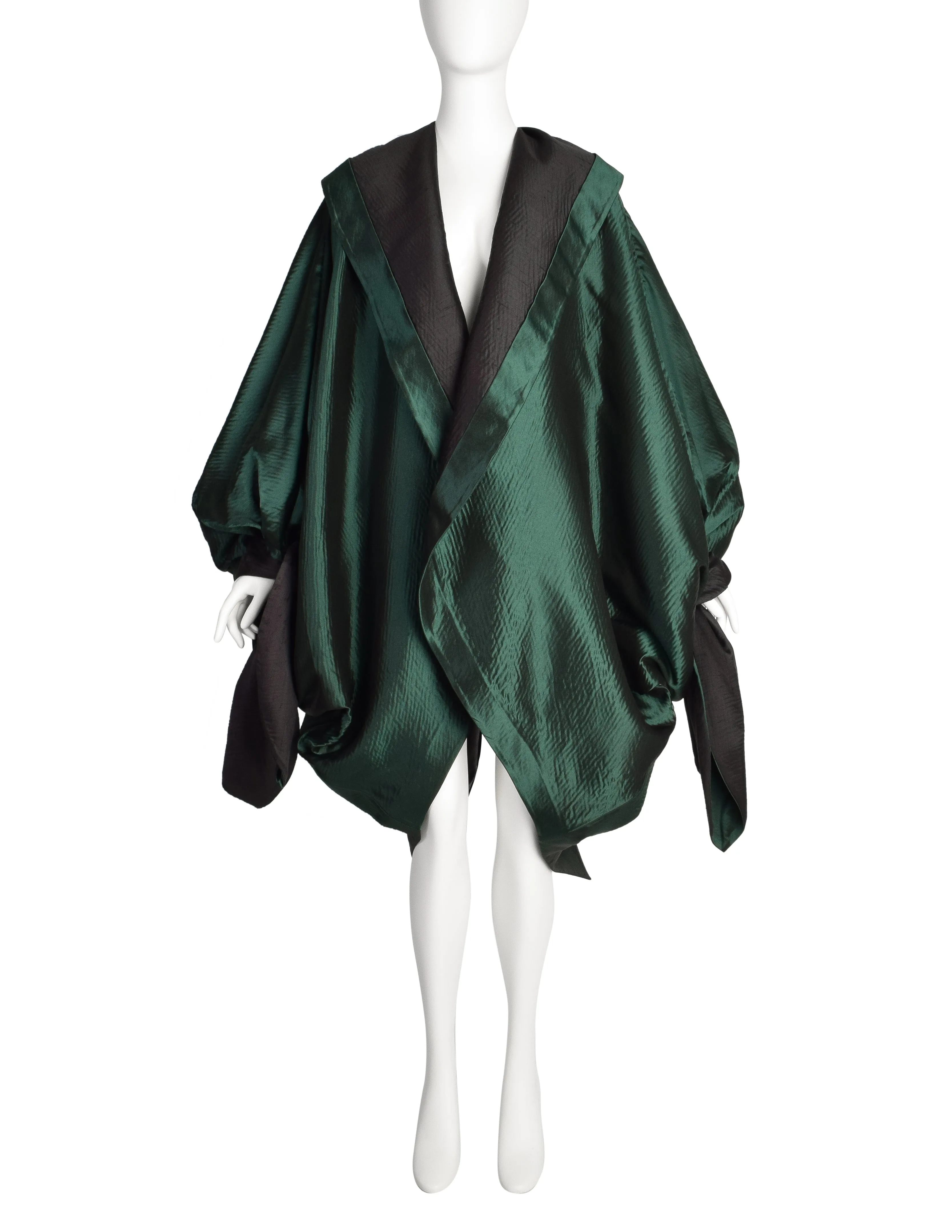 Romeo Gigli Vintage AW 1990 Green Silk Satin Limited Edition 2/30 Draping Cocoon Cape Coat