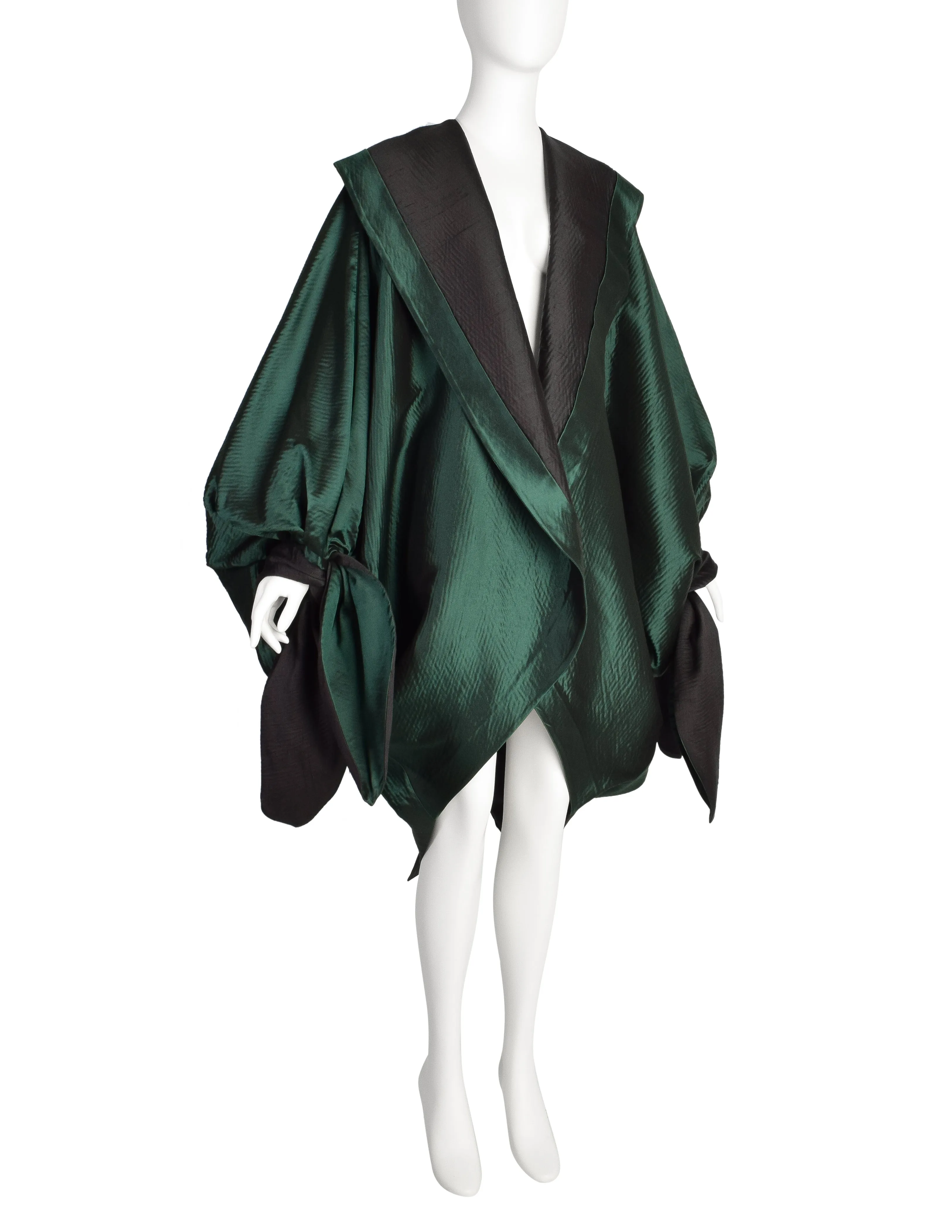 Romeo Gigli Vintage AW 1990 Green Silk Satin Limited Edition 2/30 Draping Cocoon Cape Coat