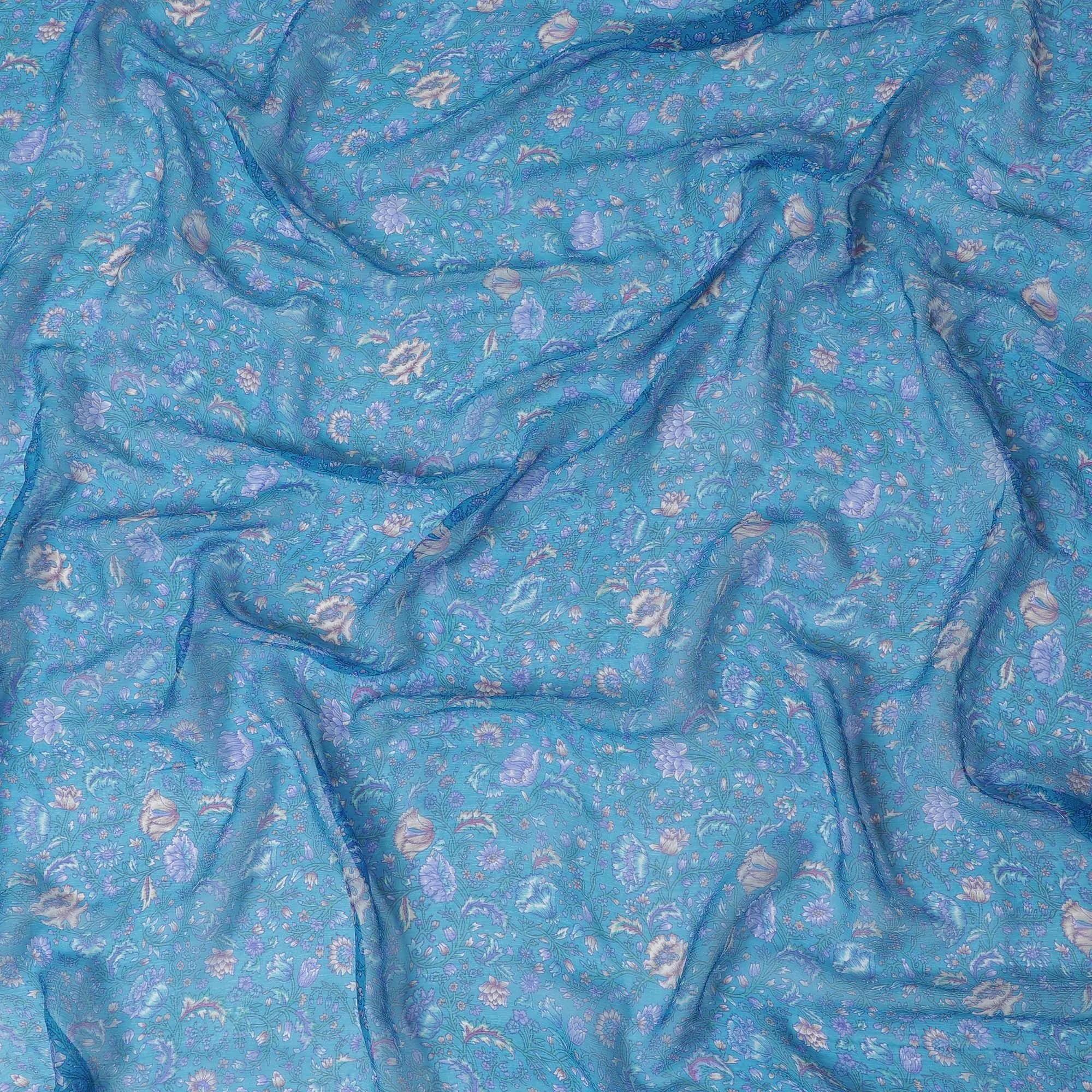 Sapphire Bloom Pure Wrinkle Silk Chiffon Fabric - Floral Delicacy, 110cm Width - Buy Online by the Meter-D18059