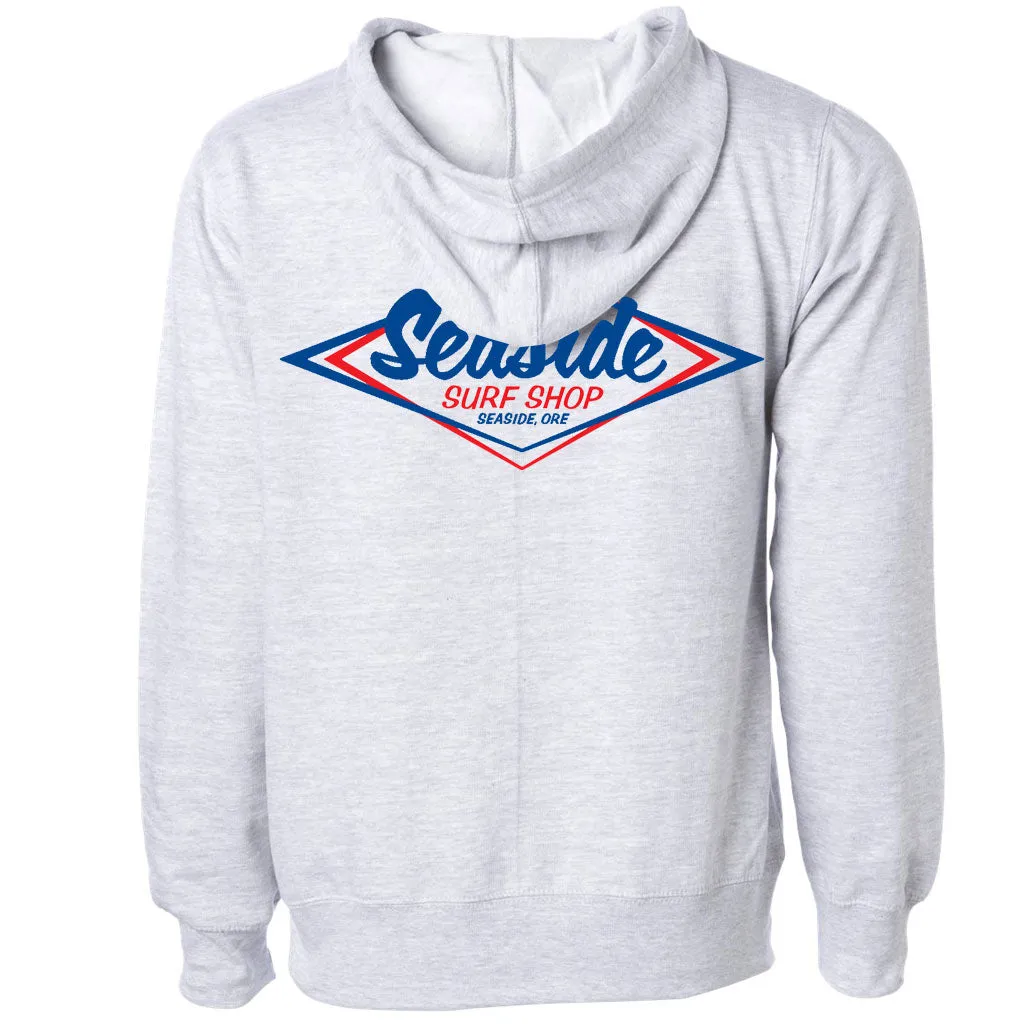 Seaside Surf Shop Mens Vintage Logo Hooded Pullover Sweatshirt - Grey Heather/Red Blue