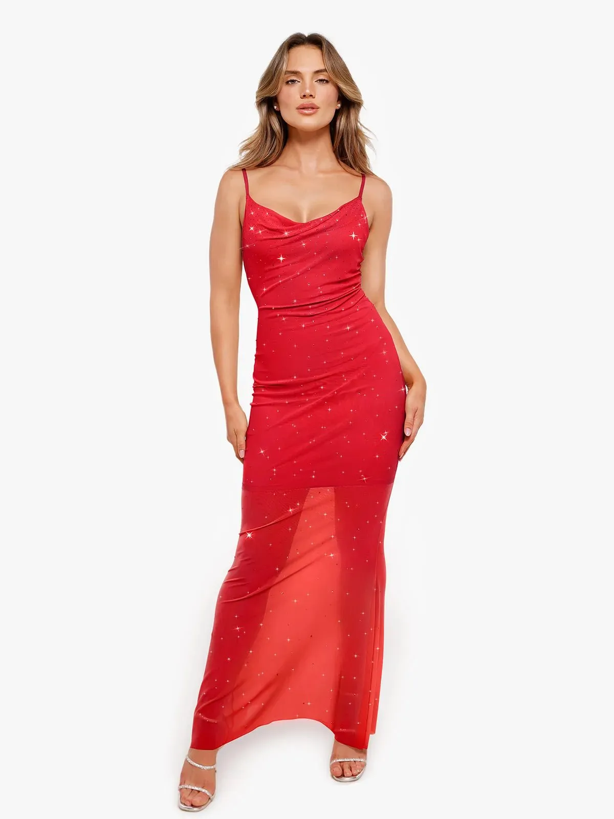 Shapewear Heat-Set Crystal Mesh Slimming Maxi Slip Dress For Insiders