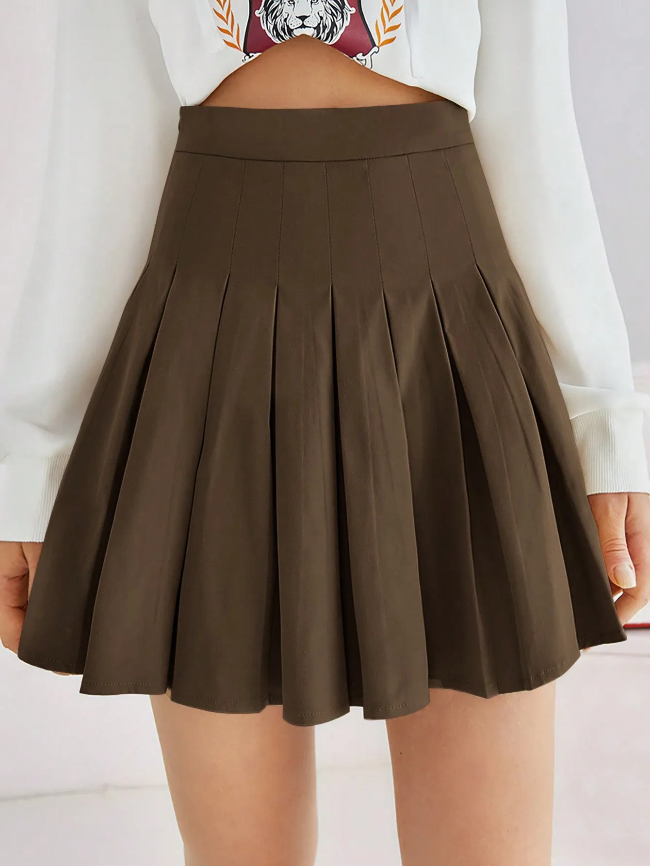 SHEIN EZwear Solid Color Side Zipper Casual Pleated Skirt